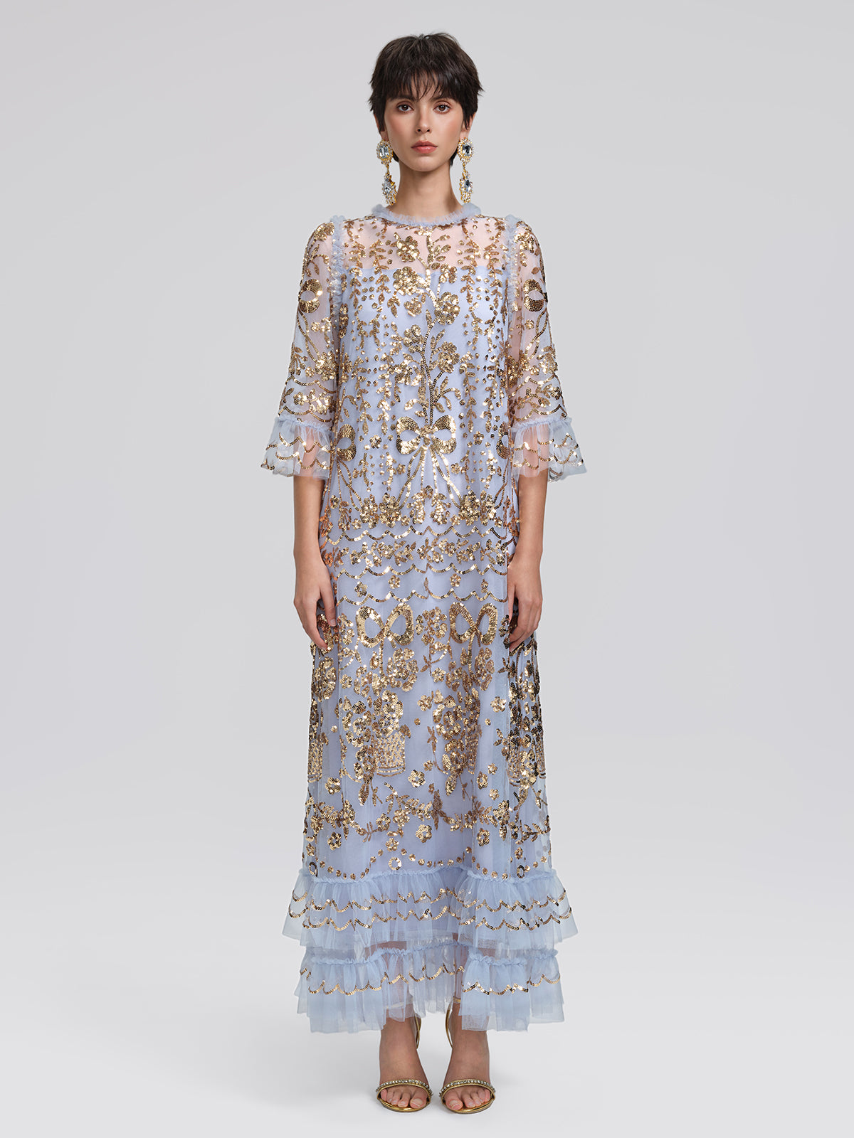 Gold Foil Mesh Heavywork Maxi Dress (Waist Tie Included)