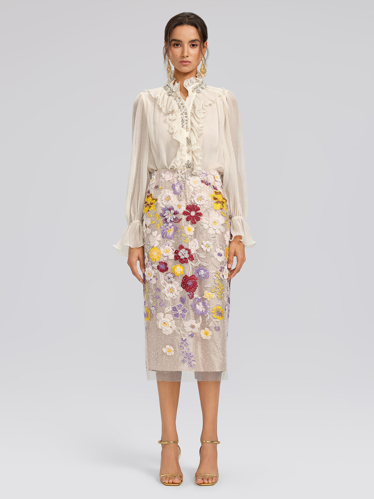 Beaded Floral Embroidered Sheer Mesh Skirt