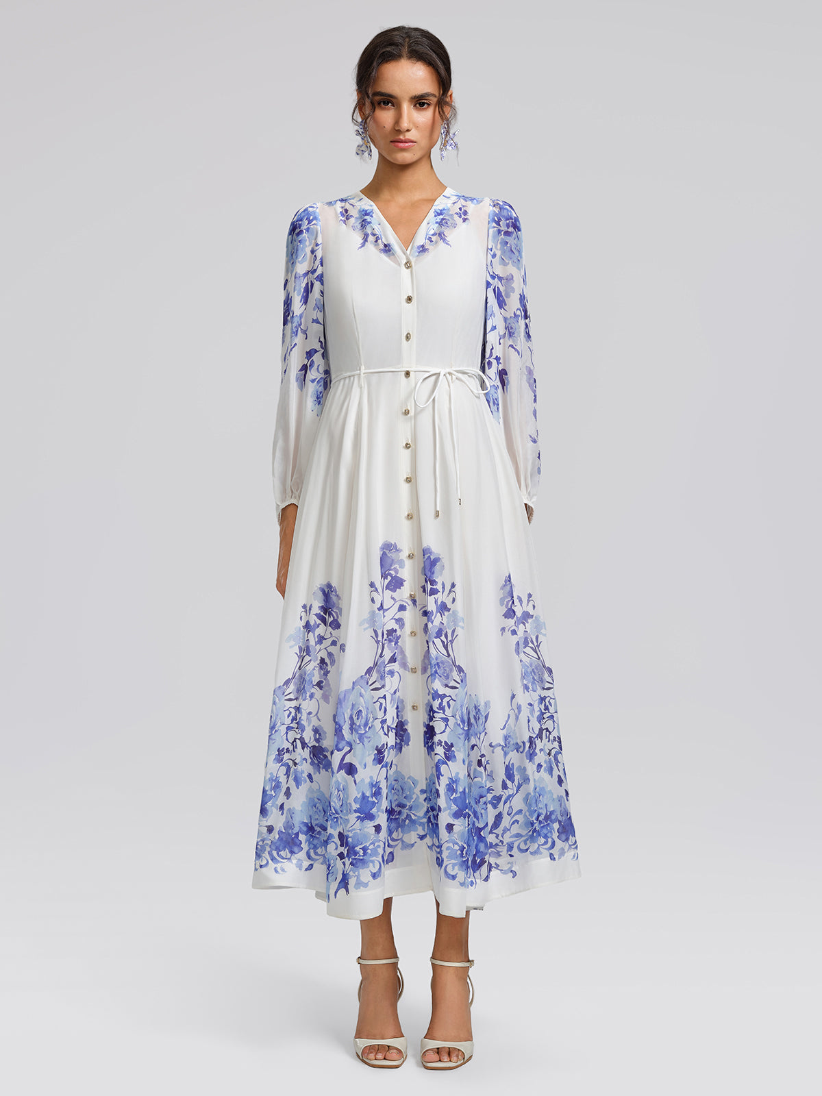 V-Neck Lantern-Sleeve Maxi Dress (Waist Tie & Slip Dress Included)
