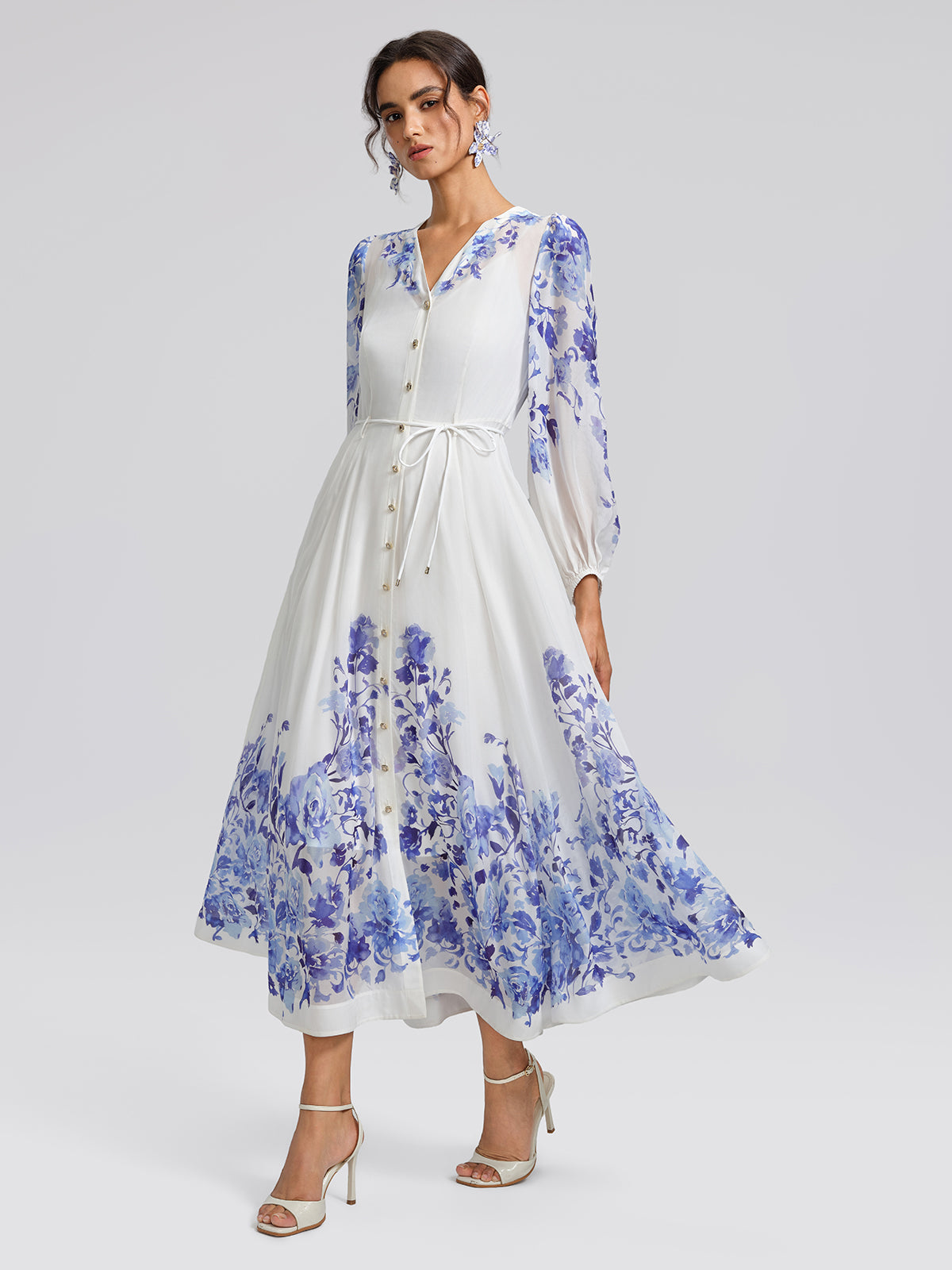 V-Neck Lantern-Sleeve Maxi Dress (Waist Tie & Slip Dress Included)