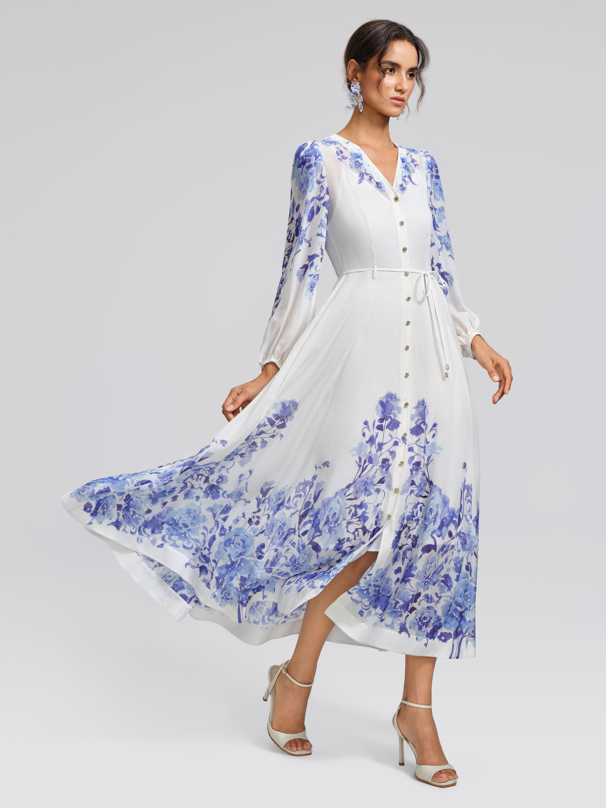 V-Neck Lantern-Sleeve Maxi Dress (Waist Tie & Slip Dress Included)
