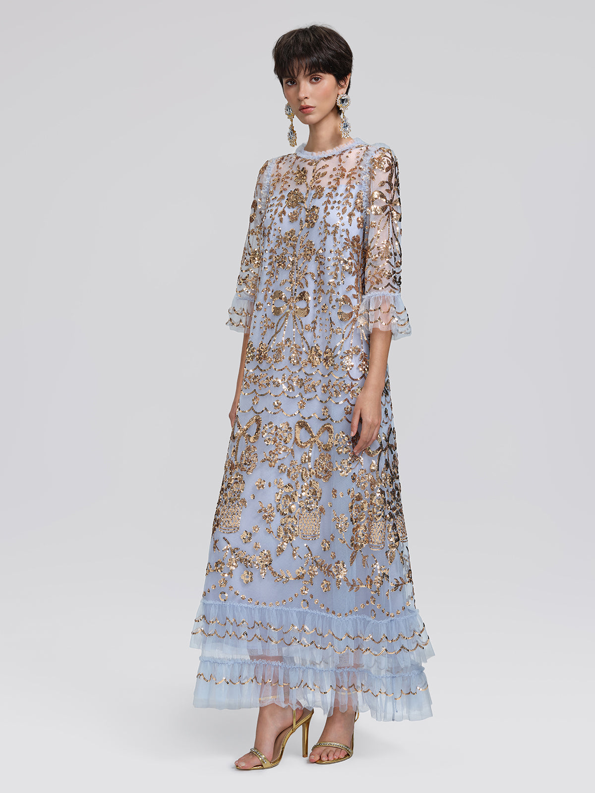 Gold Foil Mesh Heavywork Maxi Dress (Waist Tie Included)