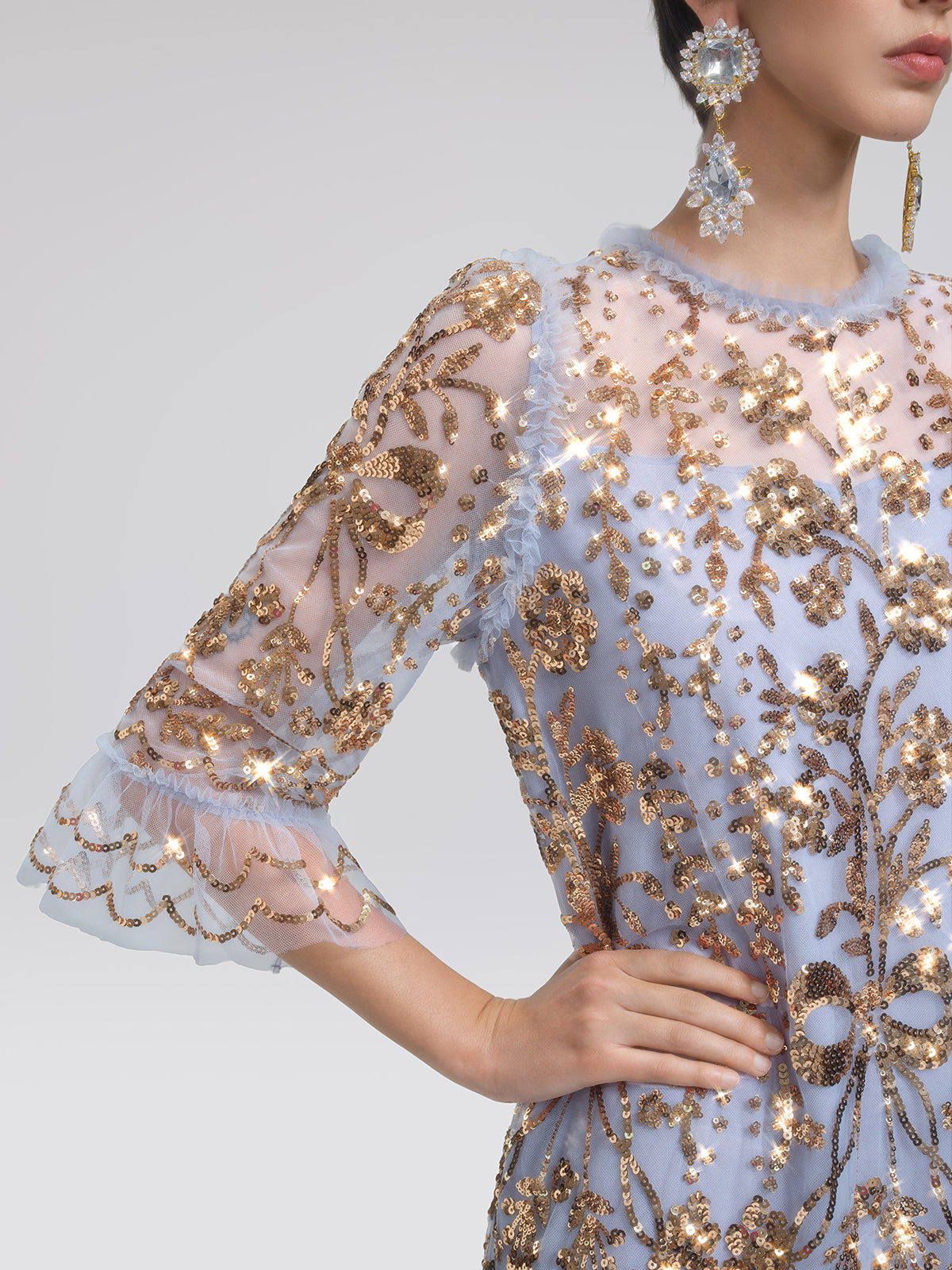 Gold Foil Mesh Heavywork Maxi Dress (Waist Tie Included)