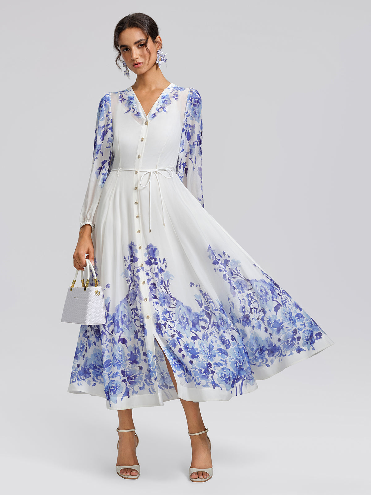 V-Neck Lantern-Sleeve Maxi Dress (Waist Tie & Slip Dress Included)
