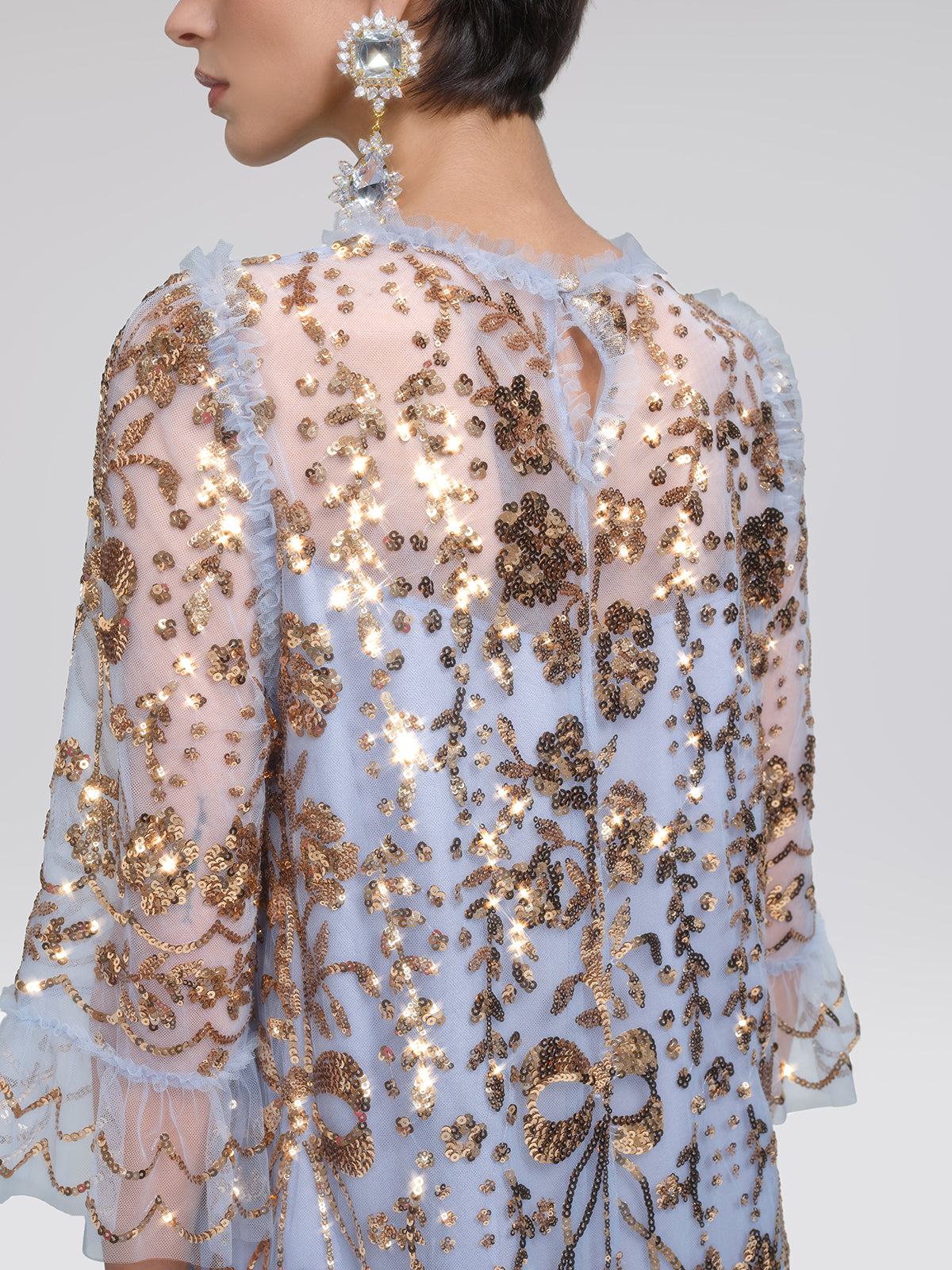 Gold Foil Mesh Heavywork Maxi Dress (Waist Tie Included)