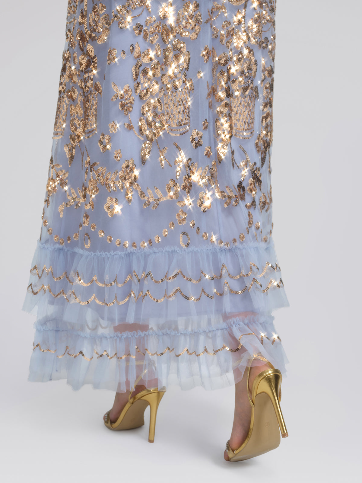 Gold Foil Mesh Heavywork Maxi Dress (Waist Tie Included)