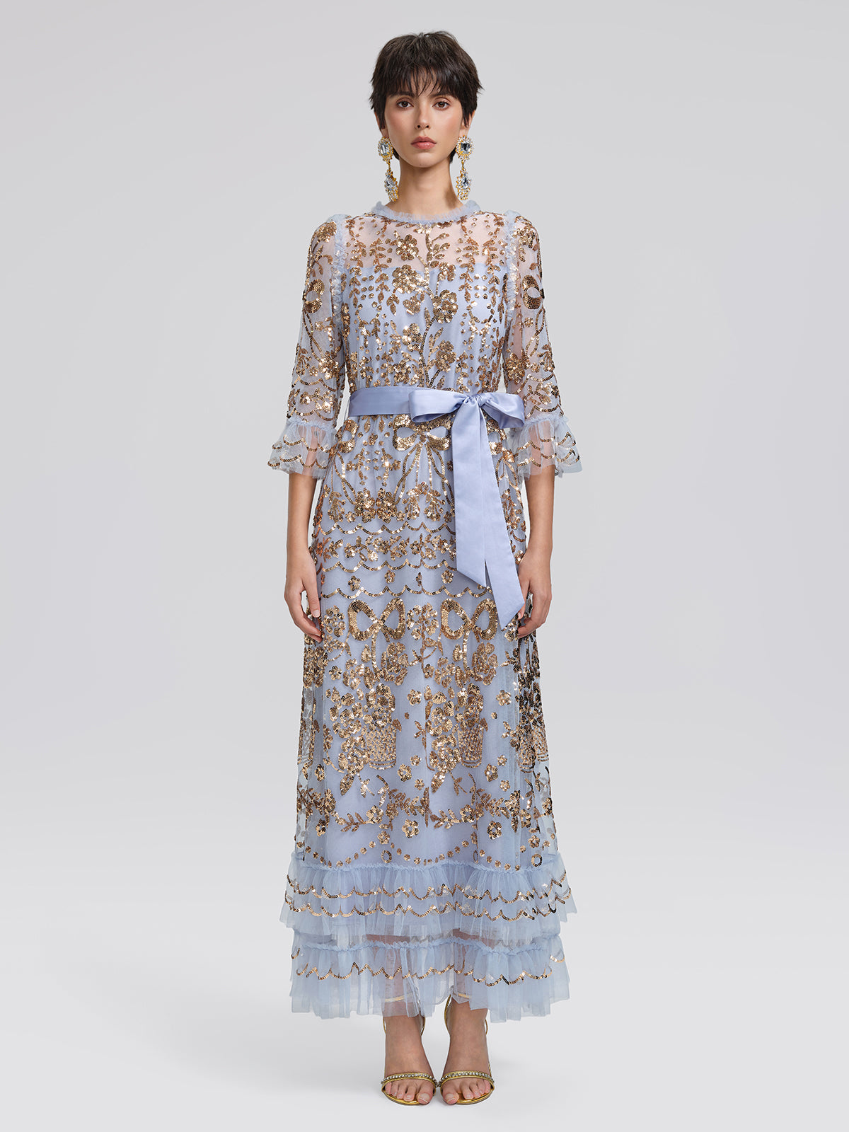 Gold Foil Mesh Heavywork Maxi Dress (Waist Tie Included)