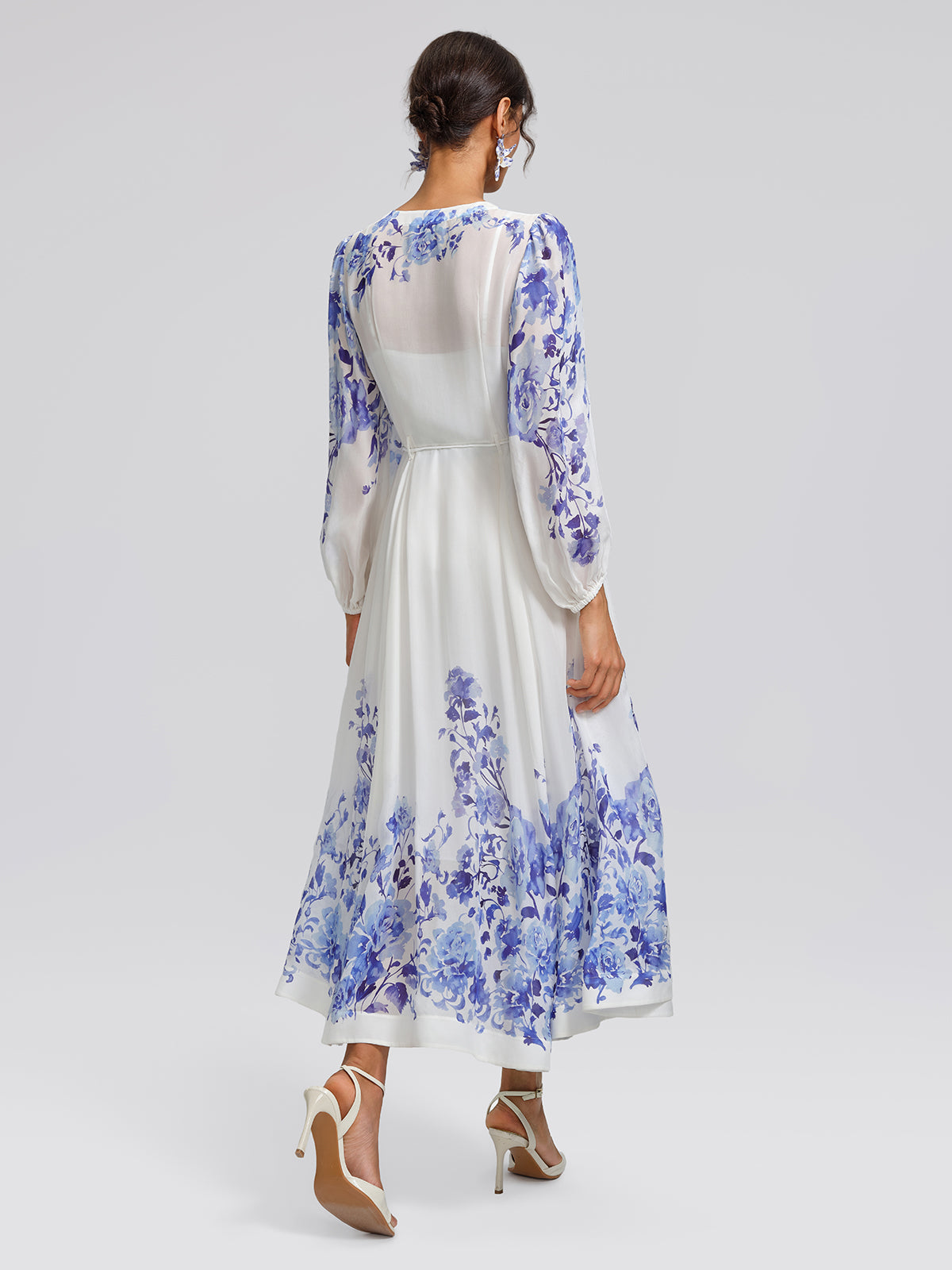 V-Neck Lantern-Sleeve Maxi Dress (Waist Tie & Slip Dress Included)