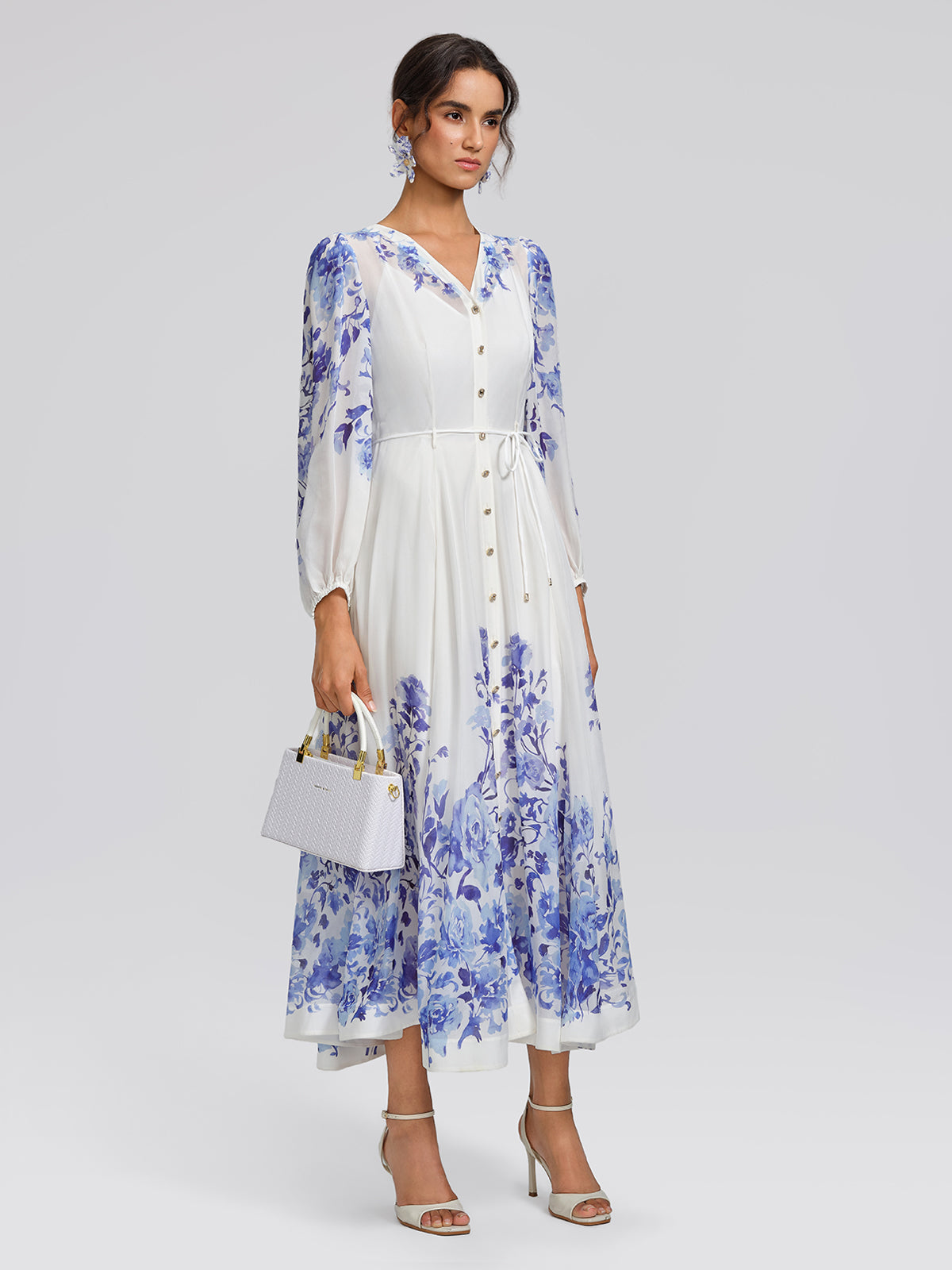 V-Neck Lantern-Sleeve Maxi Dress (Waist Tie & Slip Dress Included)