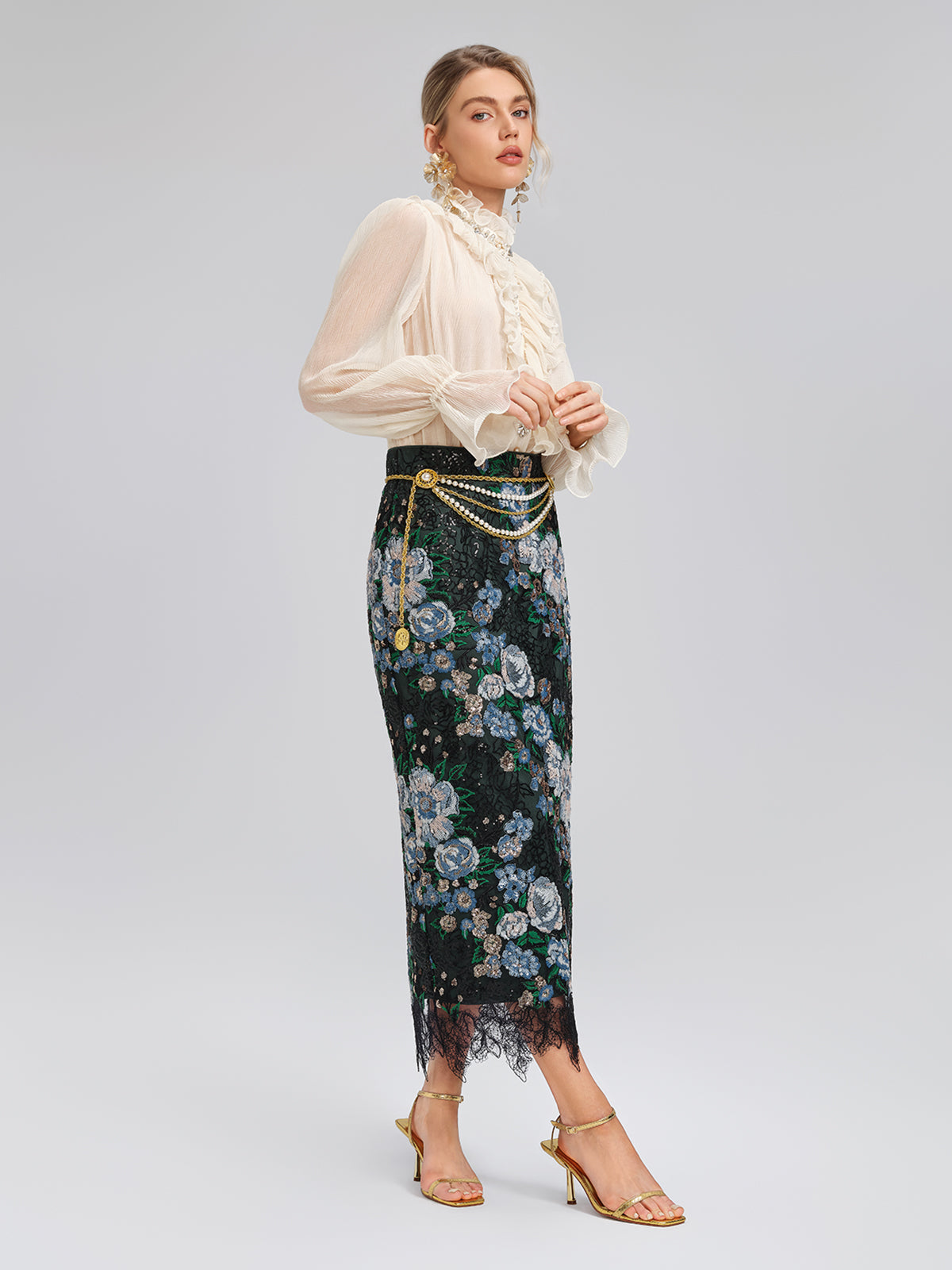 Sequin Lace-Trim Elastic-Waist Skirt
