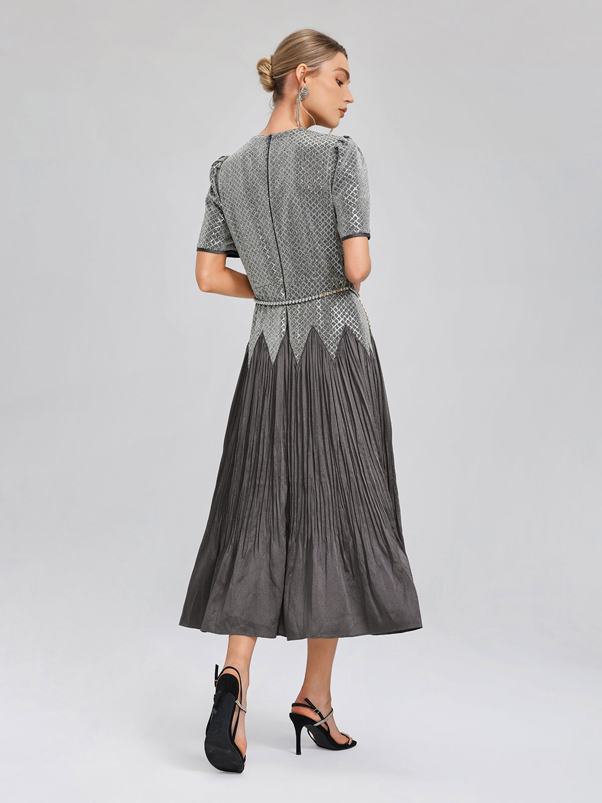 Sequin Puff-Sleeve Pleated Panel Dress (Floral Brooch & Waist Chain Included)