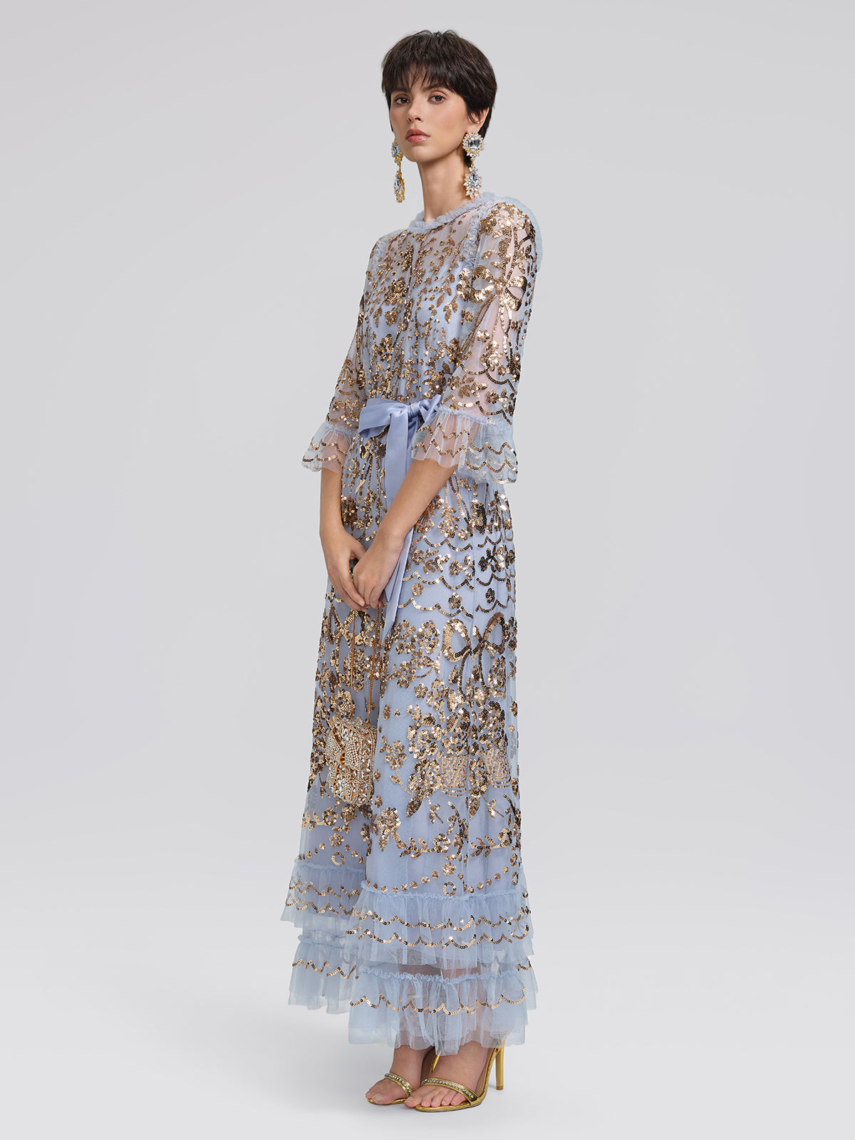 Gold Foil Mesh Heavywork Maxi Dress (Waist Tie Included)