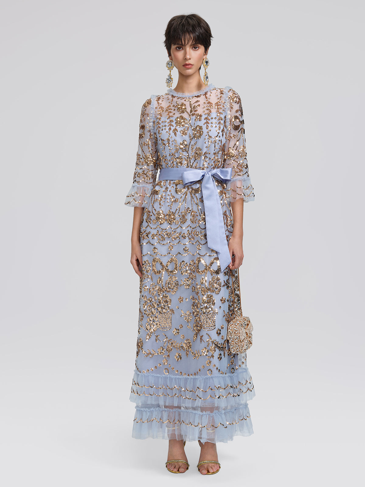 Gold Foil Mesh Heavywork Maxi Dress (Waist Tie Included)