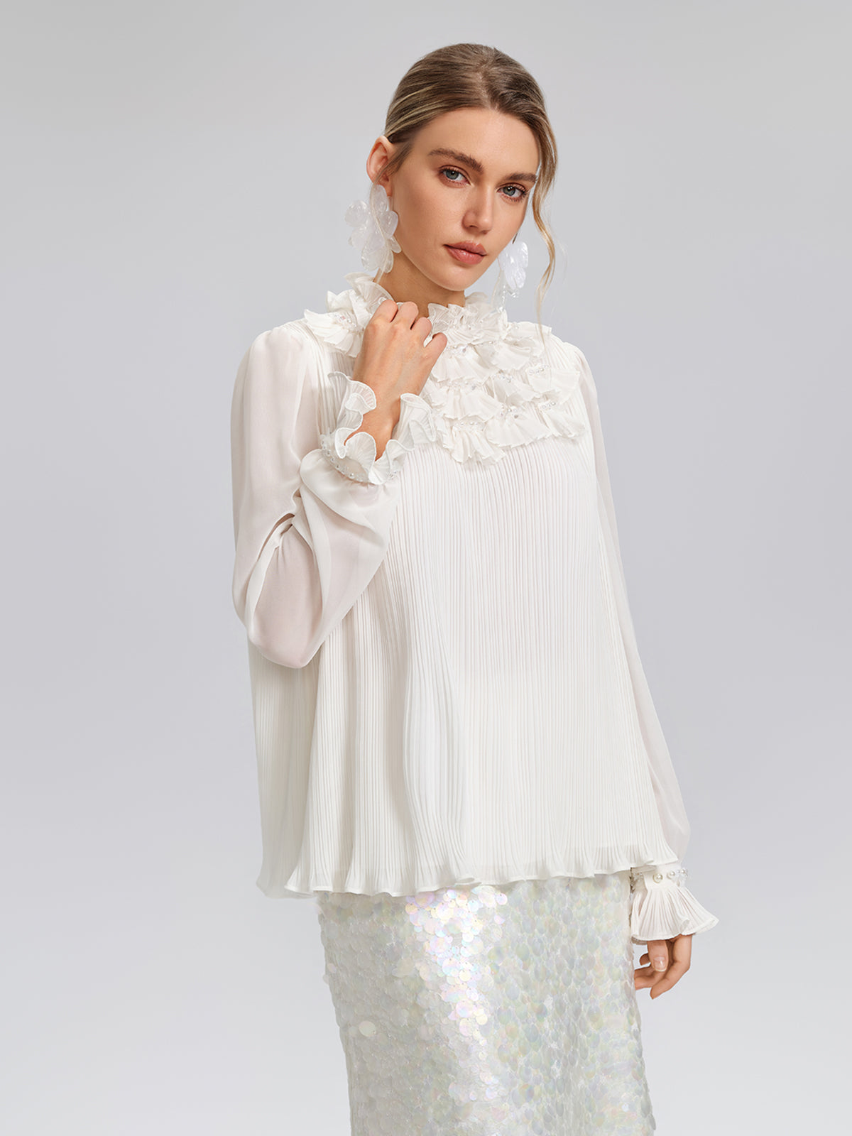 Pearl Beaded Fan Pleated Lantern Sleeve Blouse