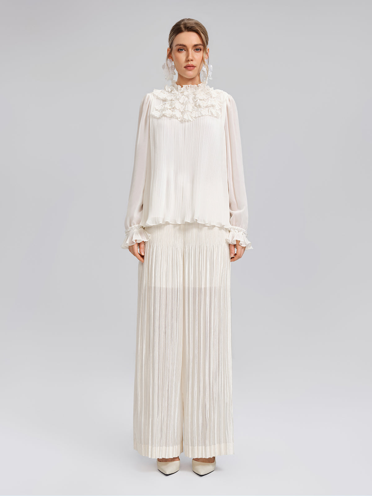 Pearl Beaded Fan Pleated Lantern Sleeve Blouse