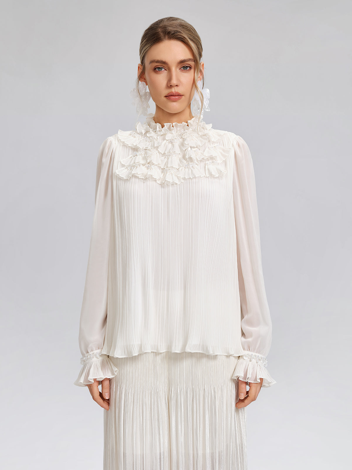 Pearl Beaded Fan Pleated Lantern Sleeve Blouse