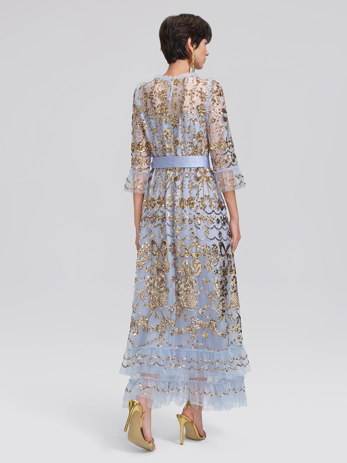 Gold Foil Mesh Heavywork Maxi Dress (Waist Tie Included)