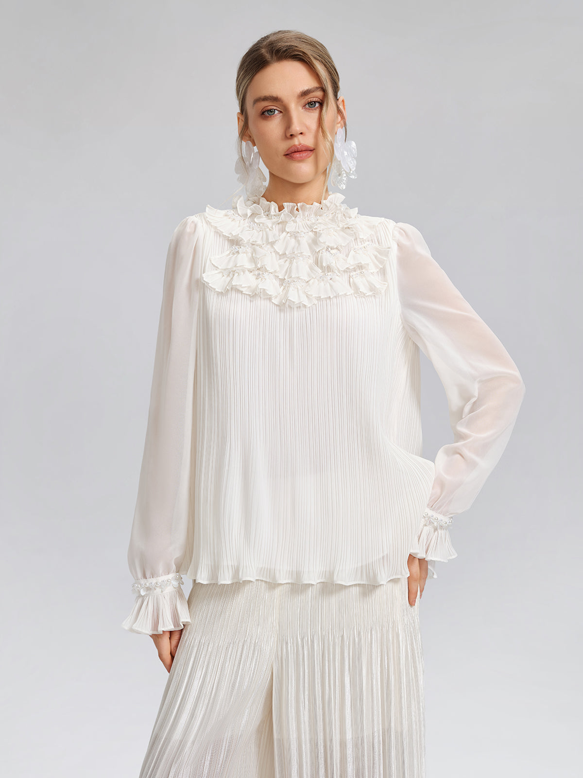 Pearl Beaded Fan Pleated Lantern Sleeve Blouse