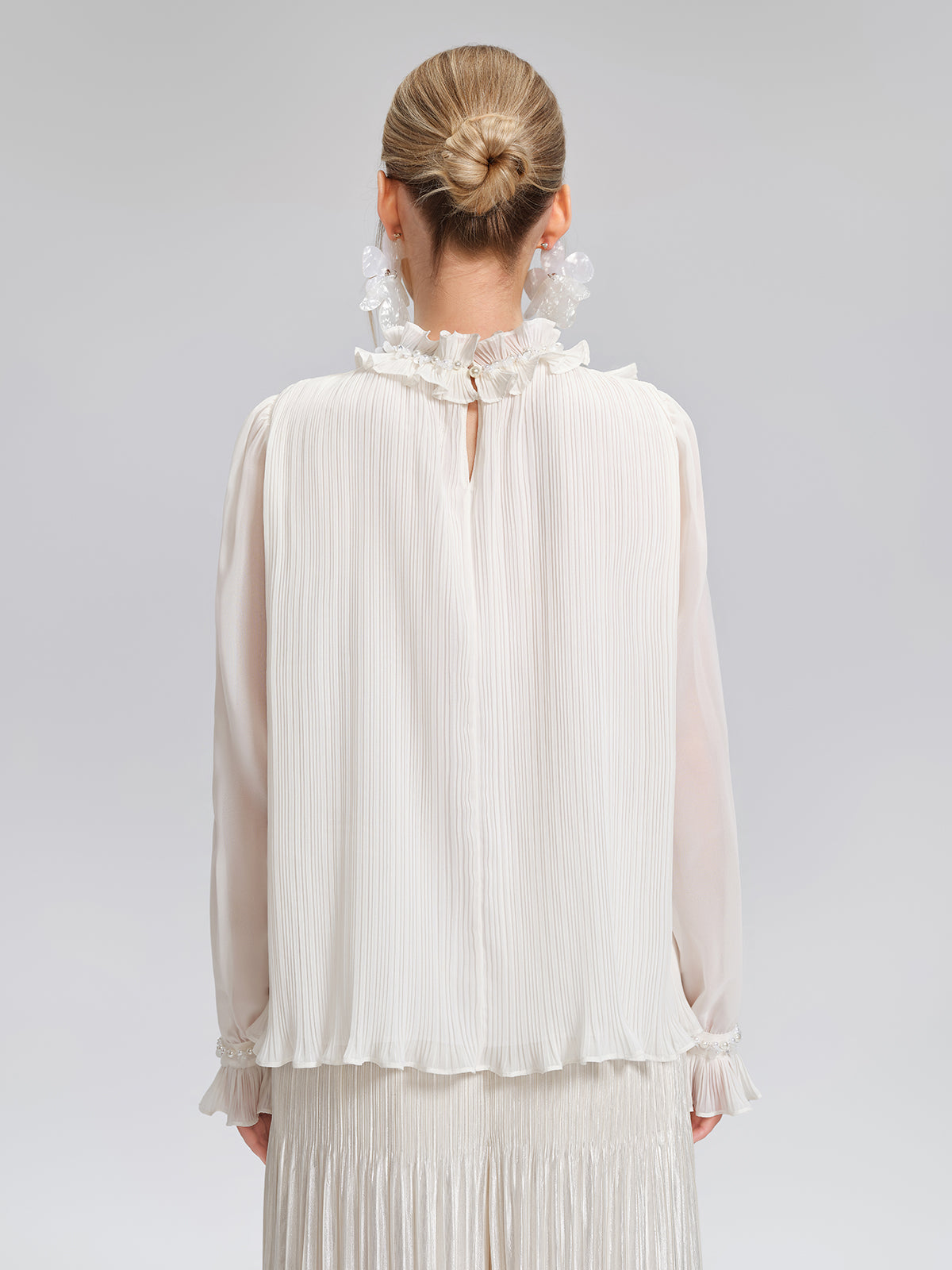 Pearl Beaded Fan Pleated Lantern Sleeve Blouse