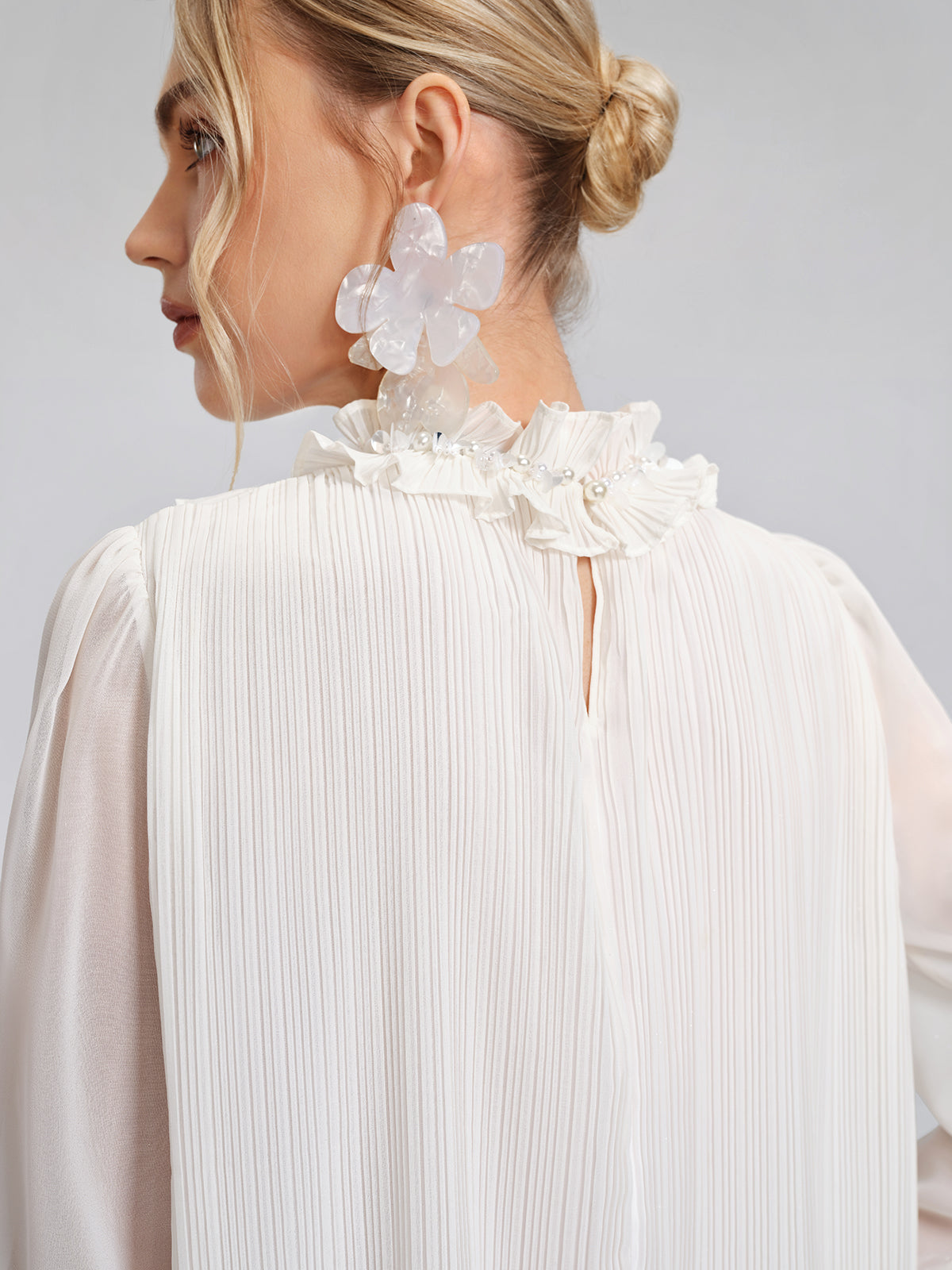 Pearl Beaded Fan Pleated Lantern Sleeve Blouse