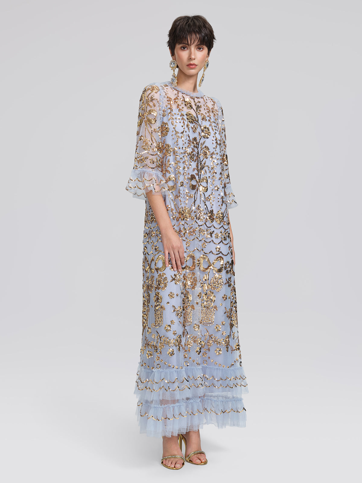 Gold Foil Mesh Heavywork Maxi Dress (Waist Tie Included)