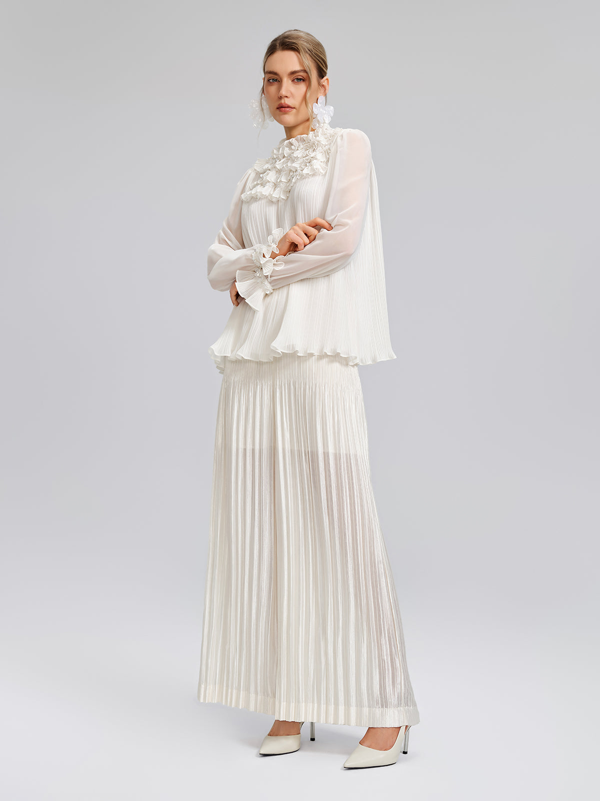 Pearl Beaded Fan Pleated Lantern Sleeve Blouse