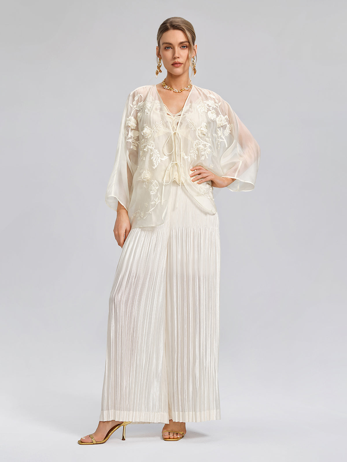 Embroidered Beaded Organza Batwing Shawl