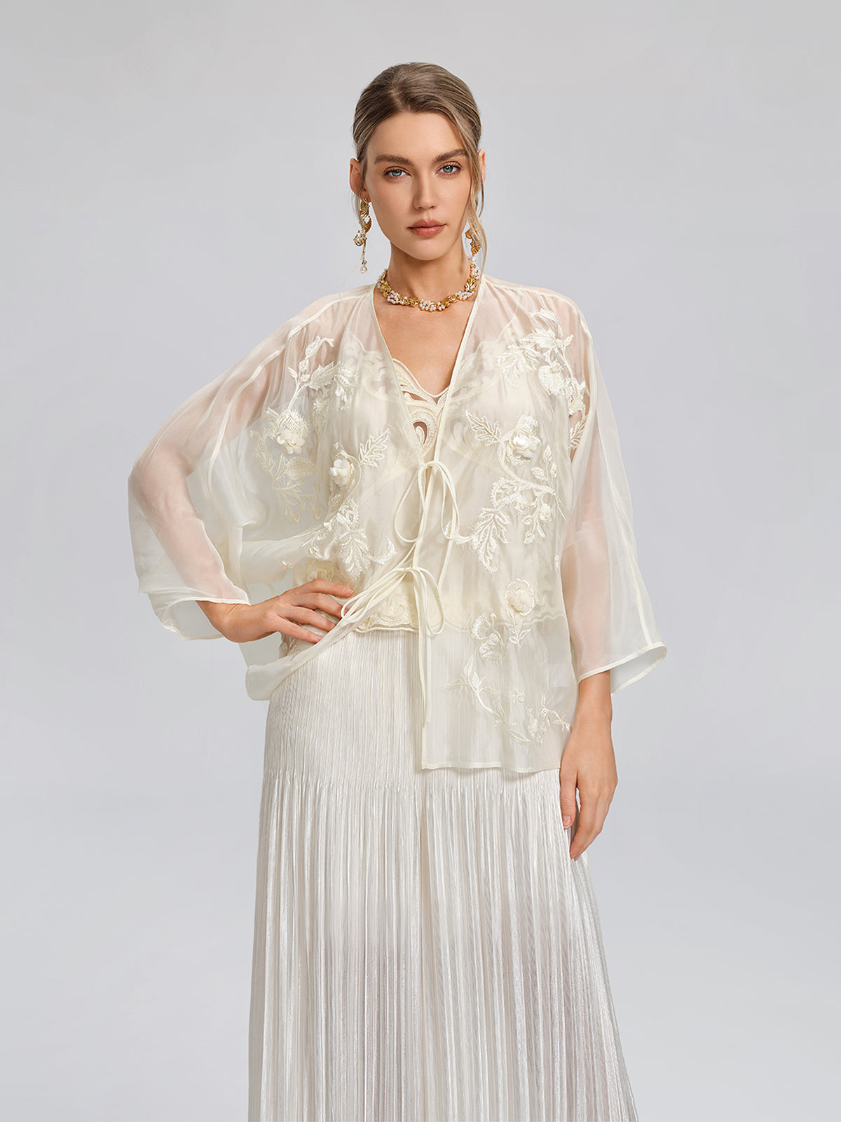 Embroidered Beaded Organza Batwing Shawl