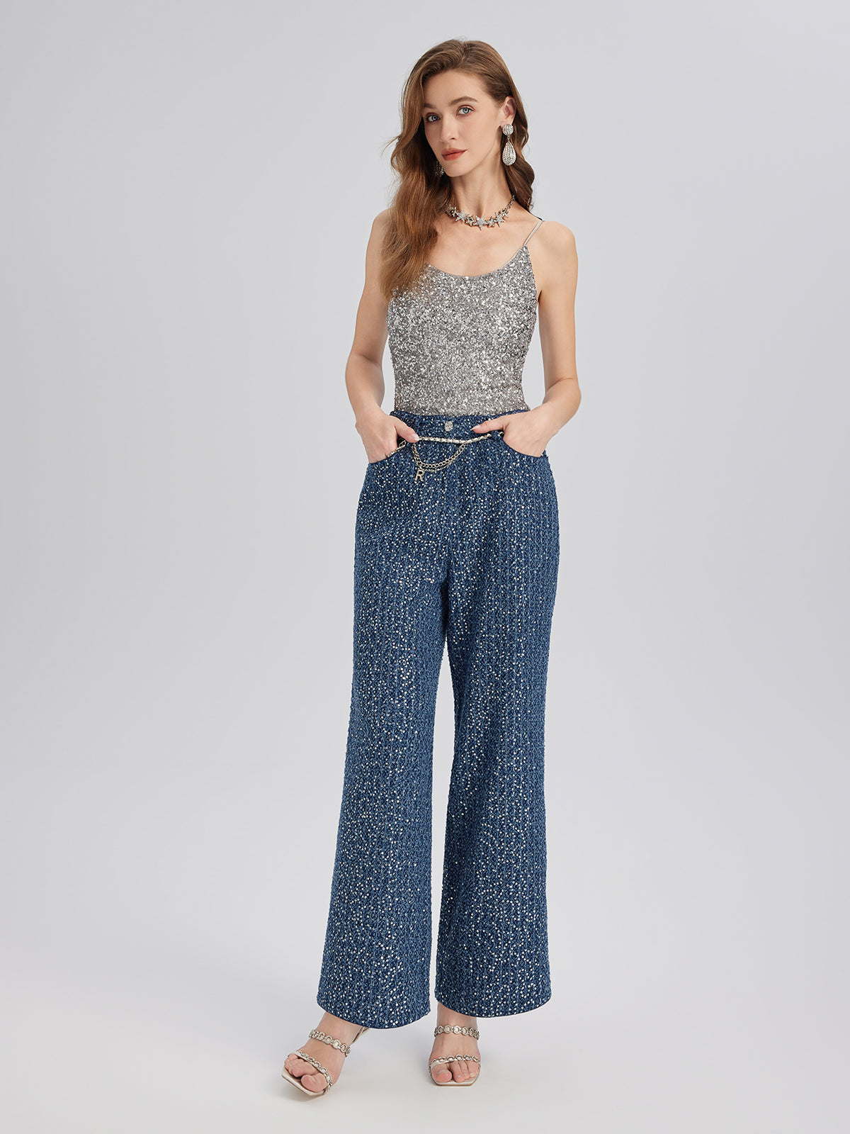 Sequined Denim-Look Tweed Hand-Beaded Pants