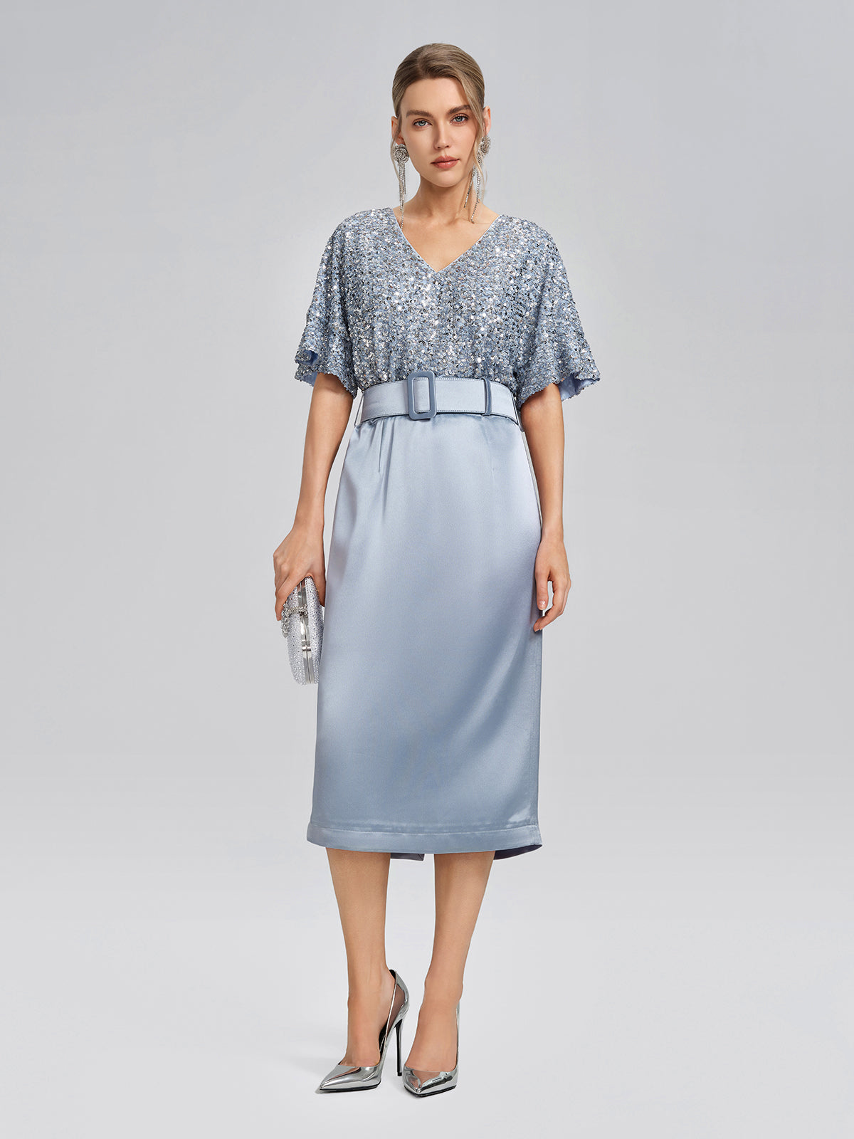 Sequin Panel Satin V Neck Dress (Belt Included)