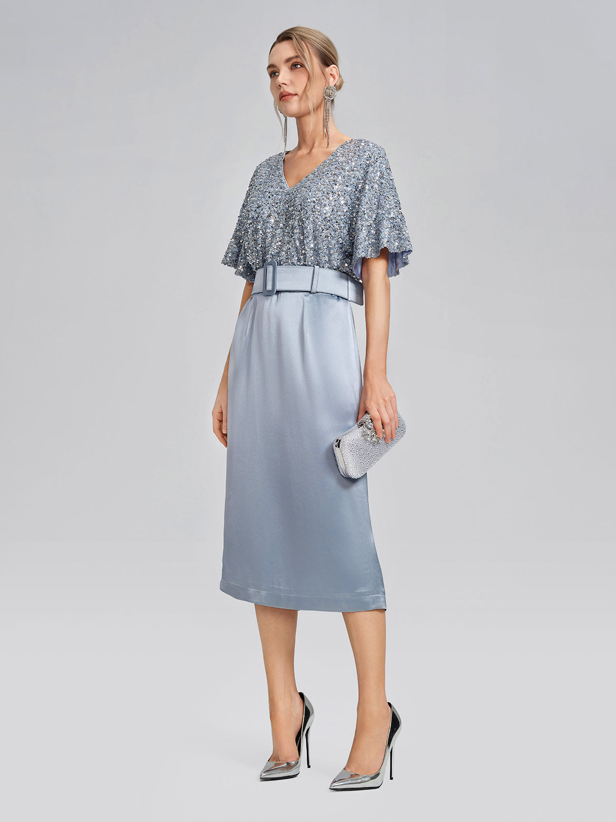 Sequin Panel Satin V Neck Dress (Belt Included)