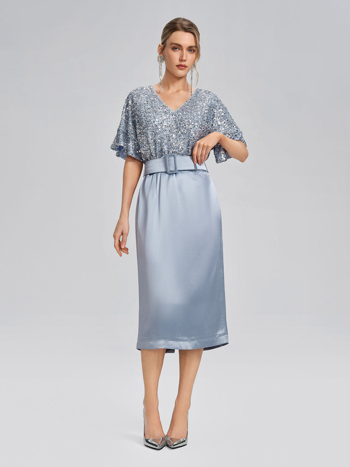 Sequin Panel Satin V Neck Dress (Belt Included)