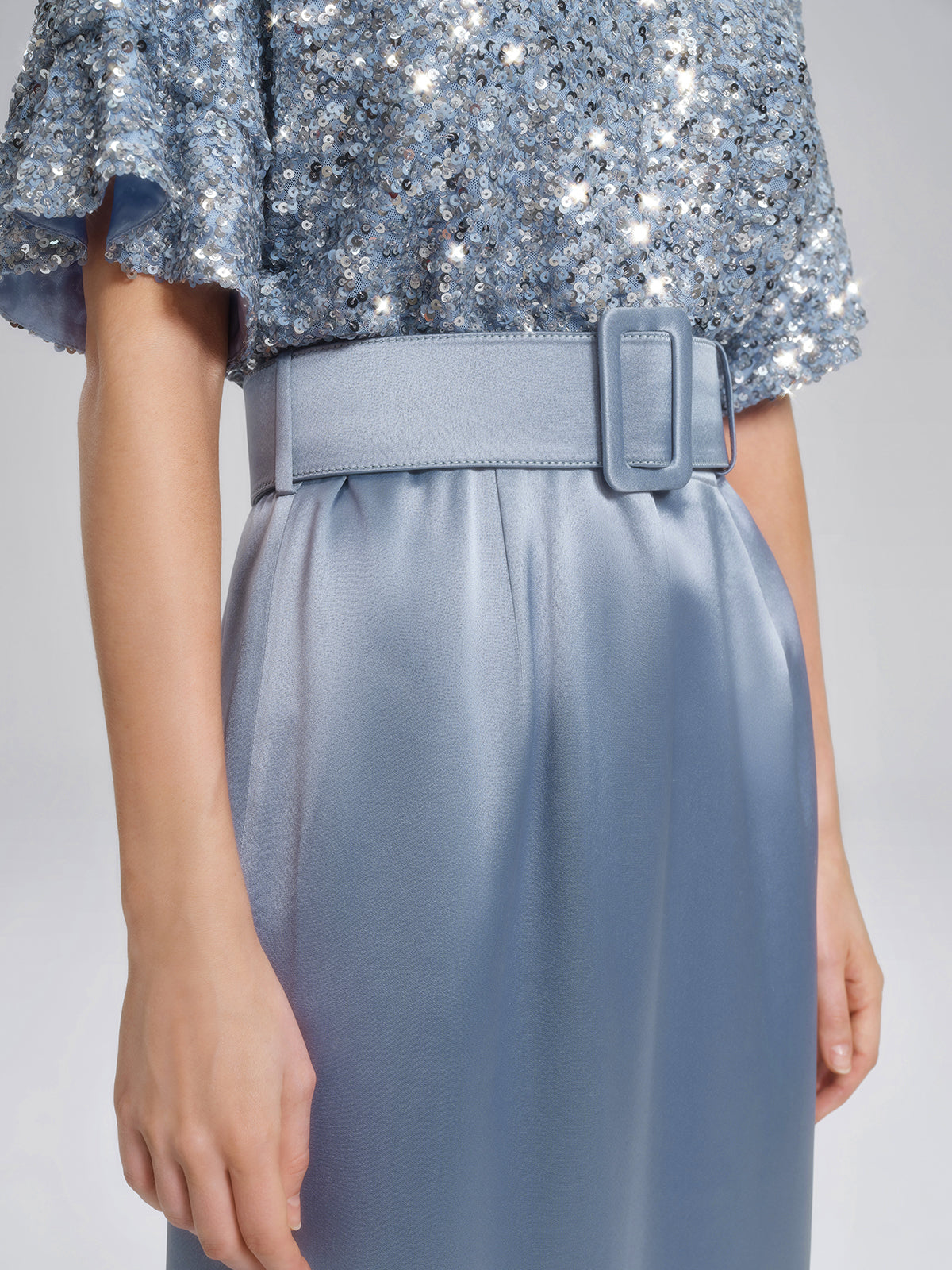 Sequin Panel Satin V Neck Dress (Belt Included)