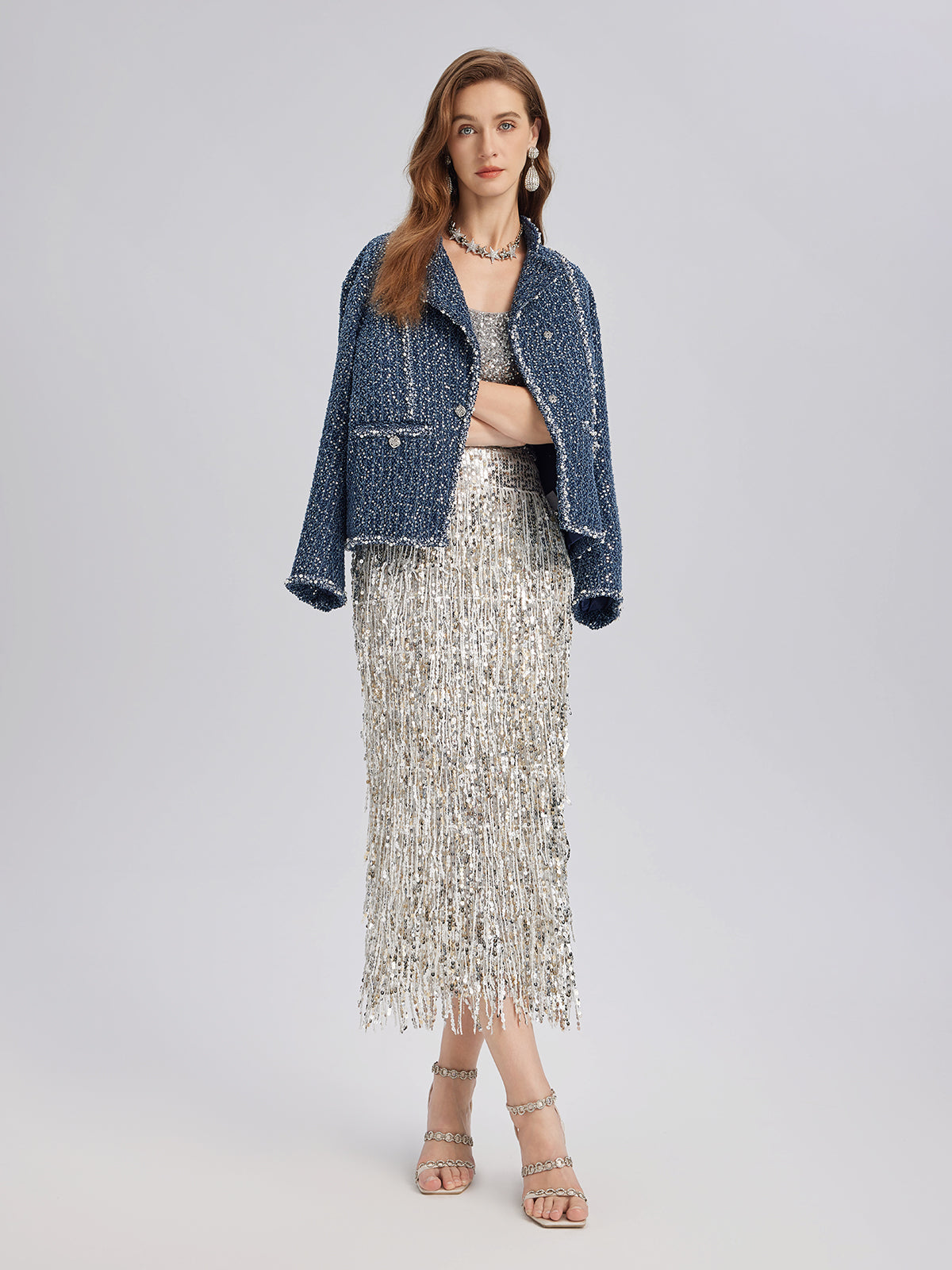 Sequined Denim-Look Tweed Hand-Beaded Jacket