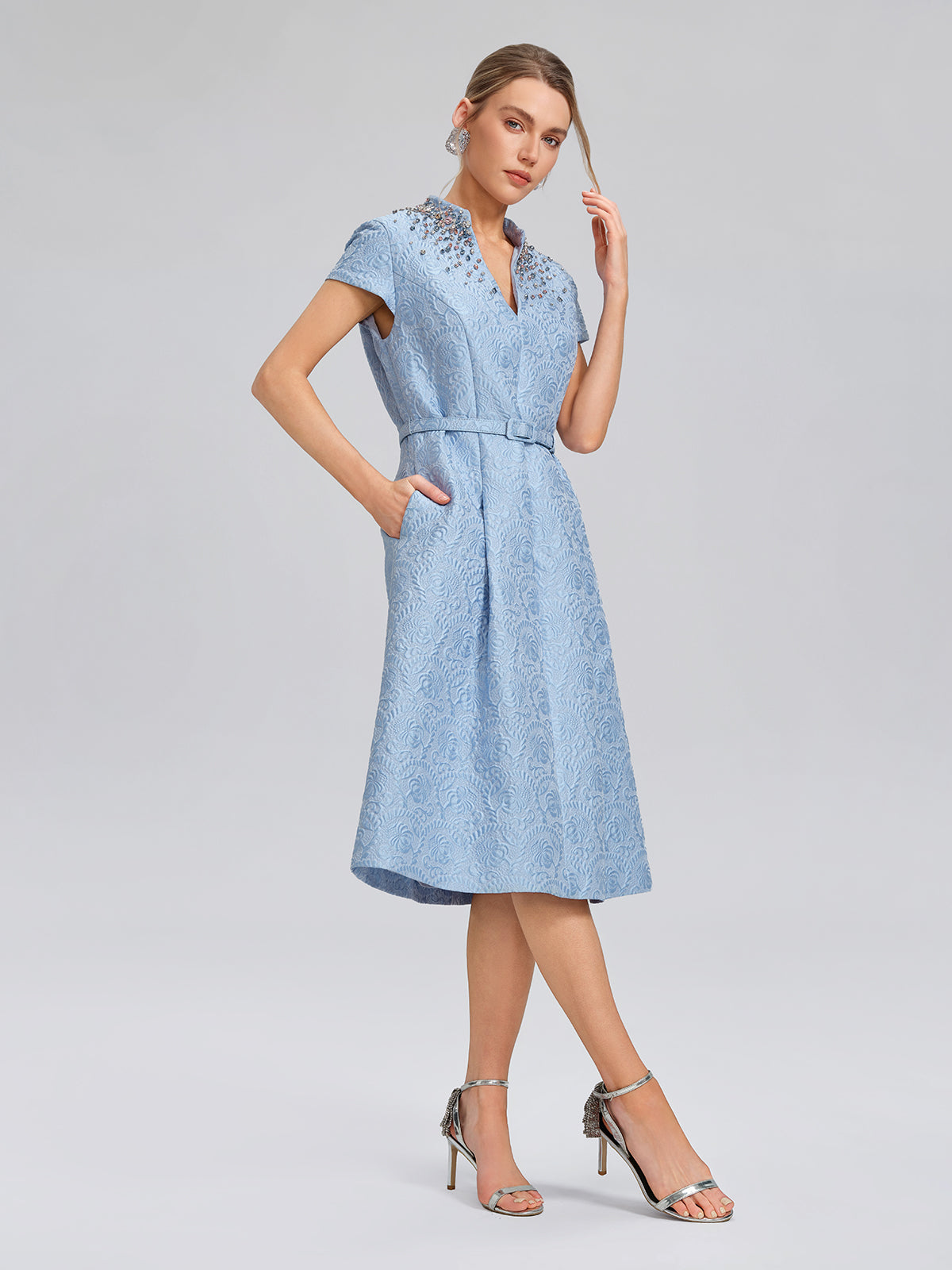 Hand-Beaded Crystal Jacquard A-Line Dress (Belt Included)