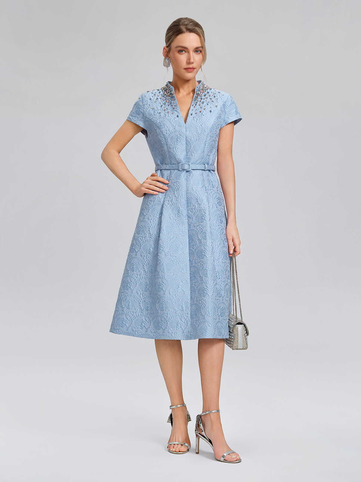 Hand-Beaded Crystal Jacquard A-Line Dress (Belt Included)