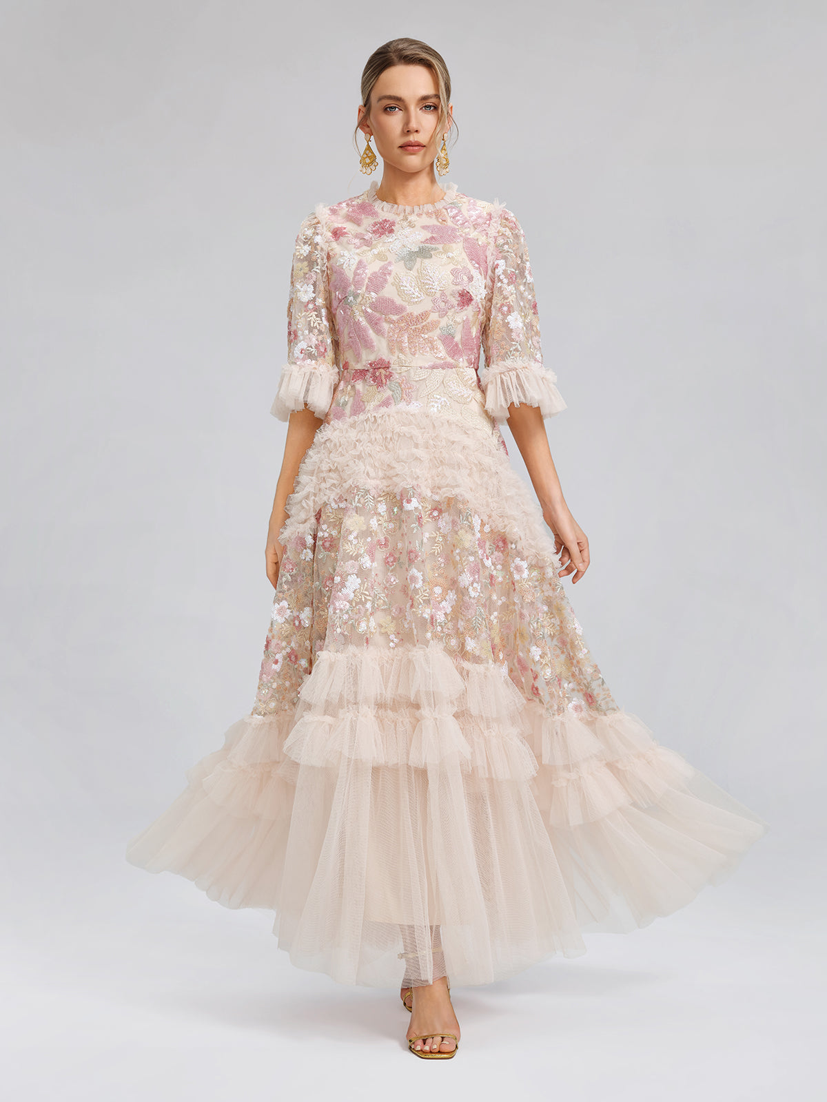 3D Floral Sequin Tulle Ruffle Dress