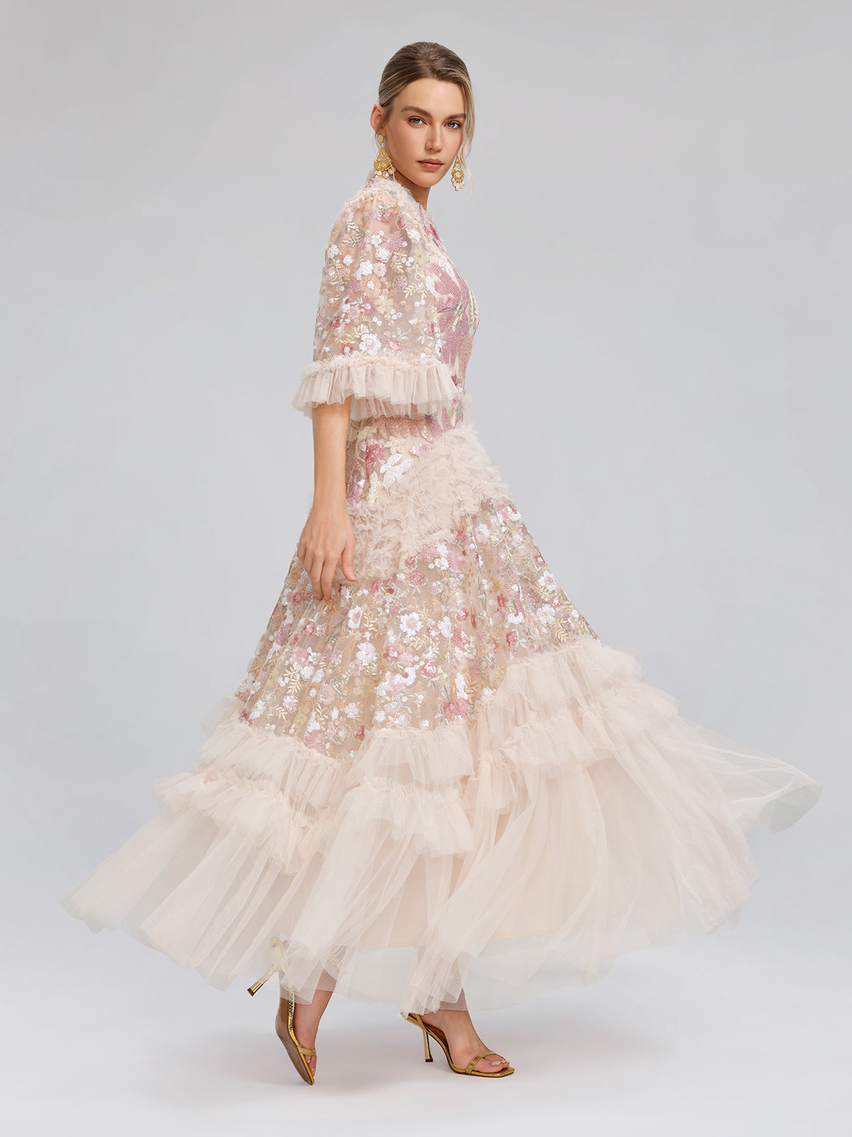 3D Floral Sequin Tulle Ruffle Dress