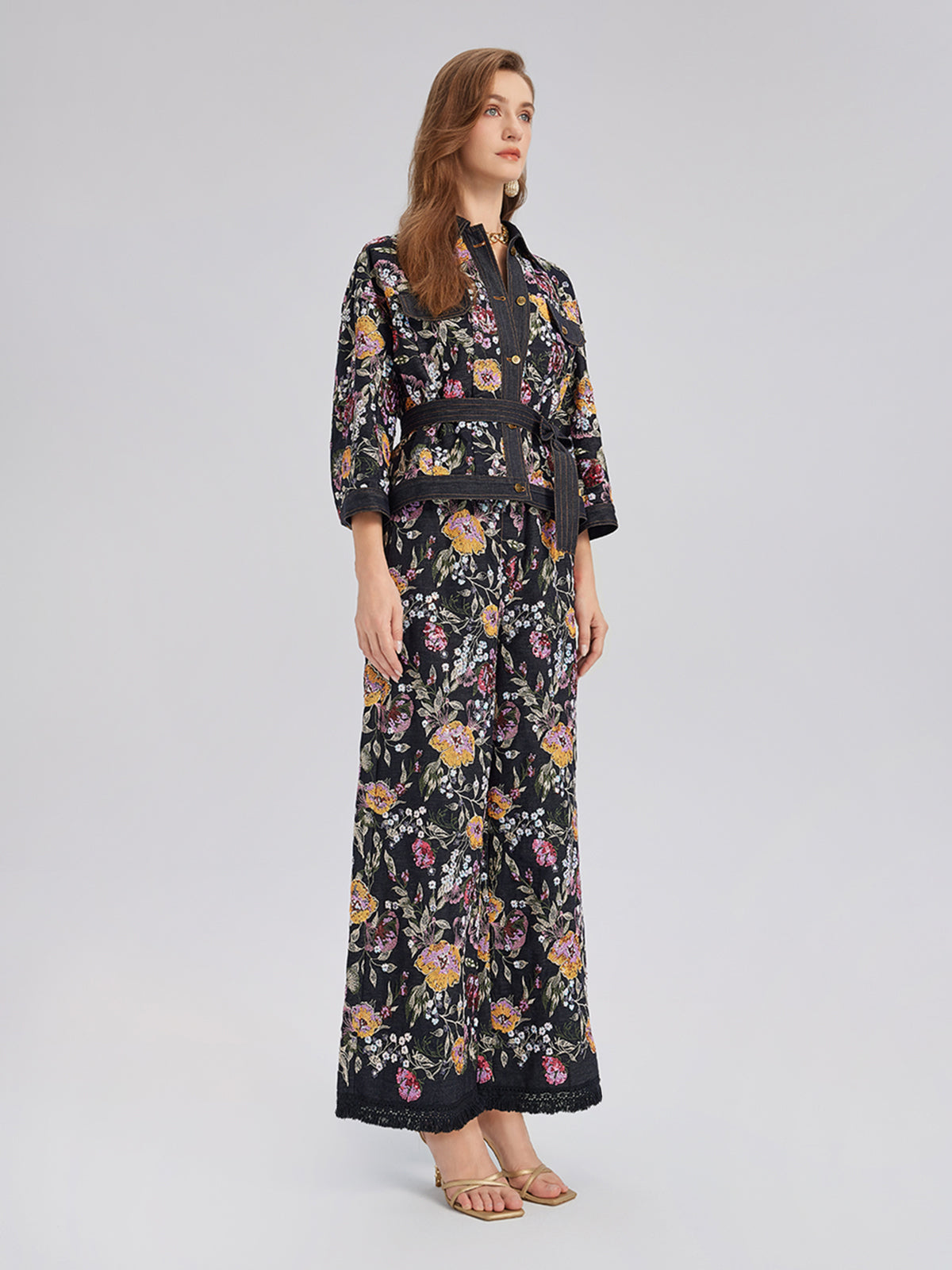 Sequin-Embroidered Denim Raw-Edge Pants