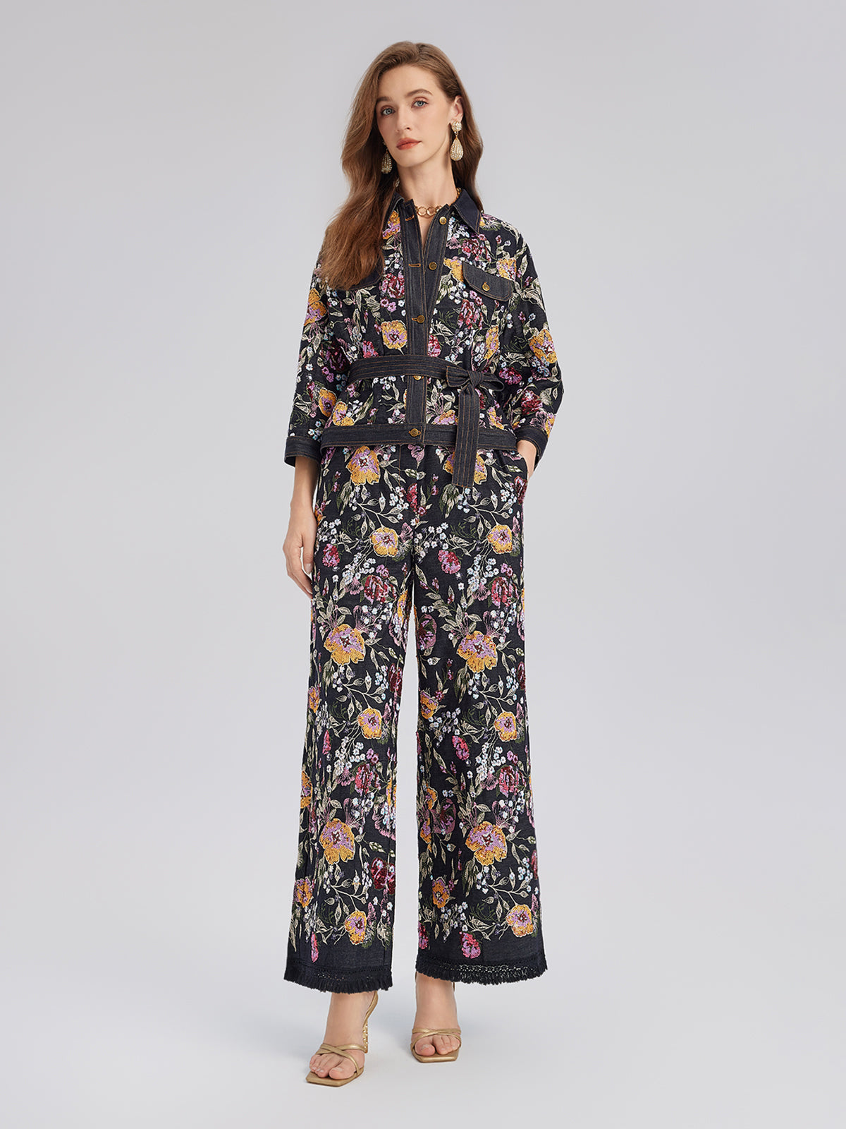 Sequin-Embroidered Denim Raw-Edge Pants