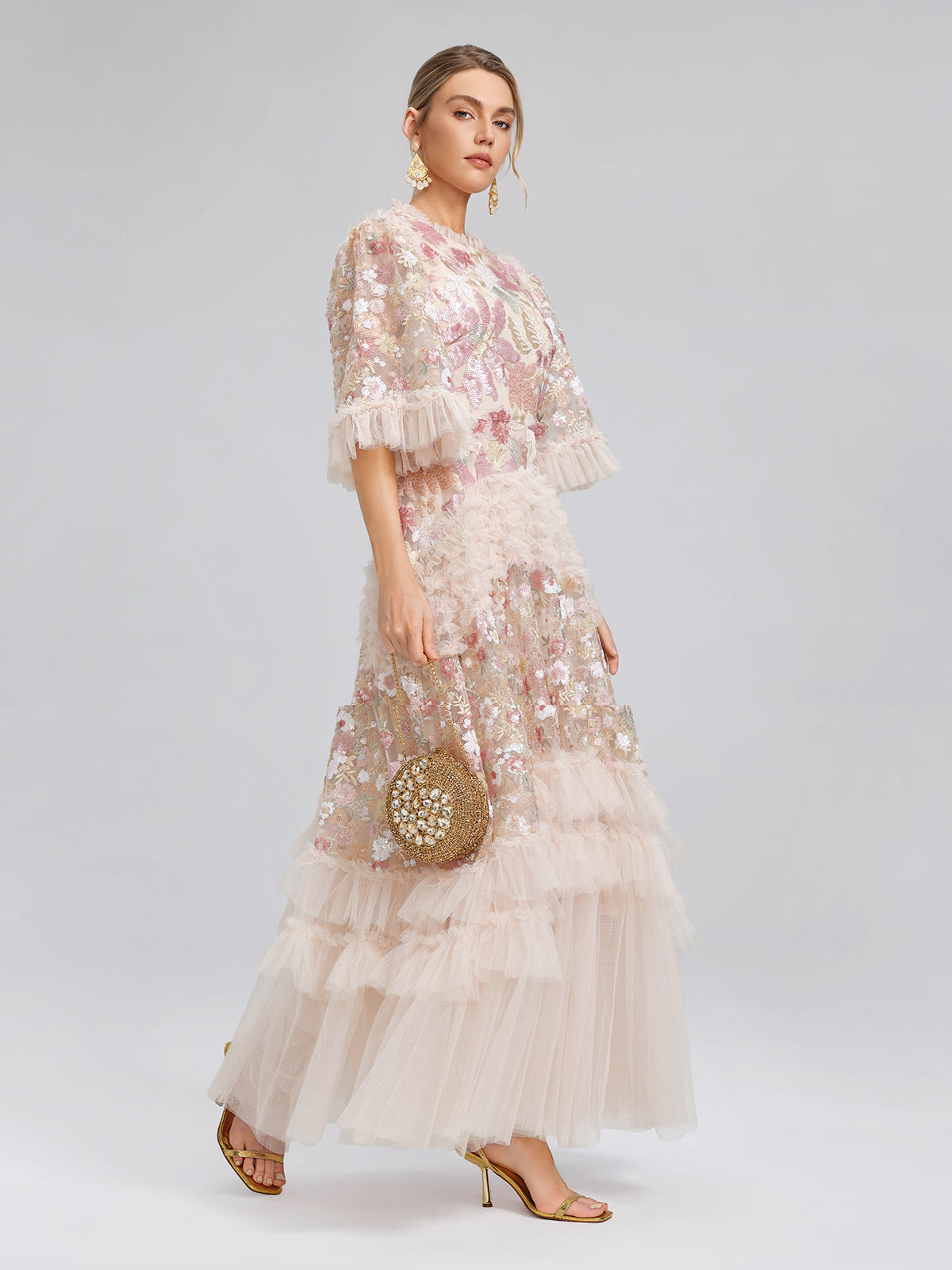 3D Floral Sequin Tulle Ruffle Dress