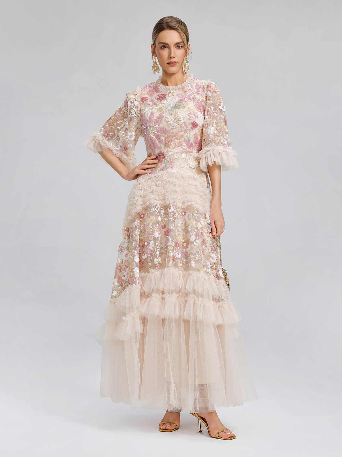 3D Floral Sequin Tulle Ruffle Dress