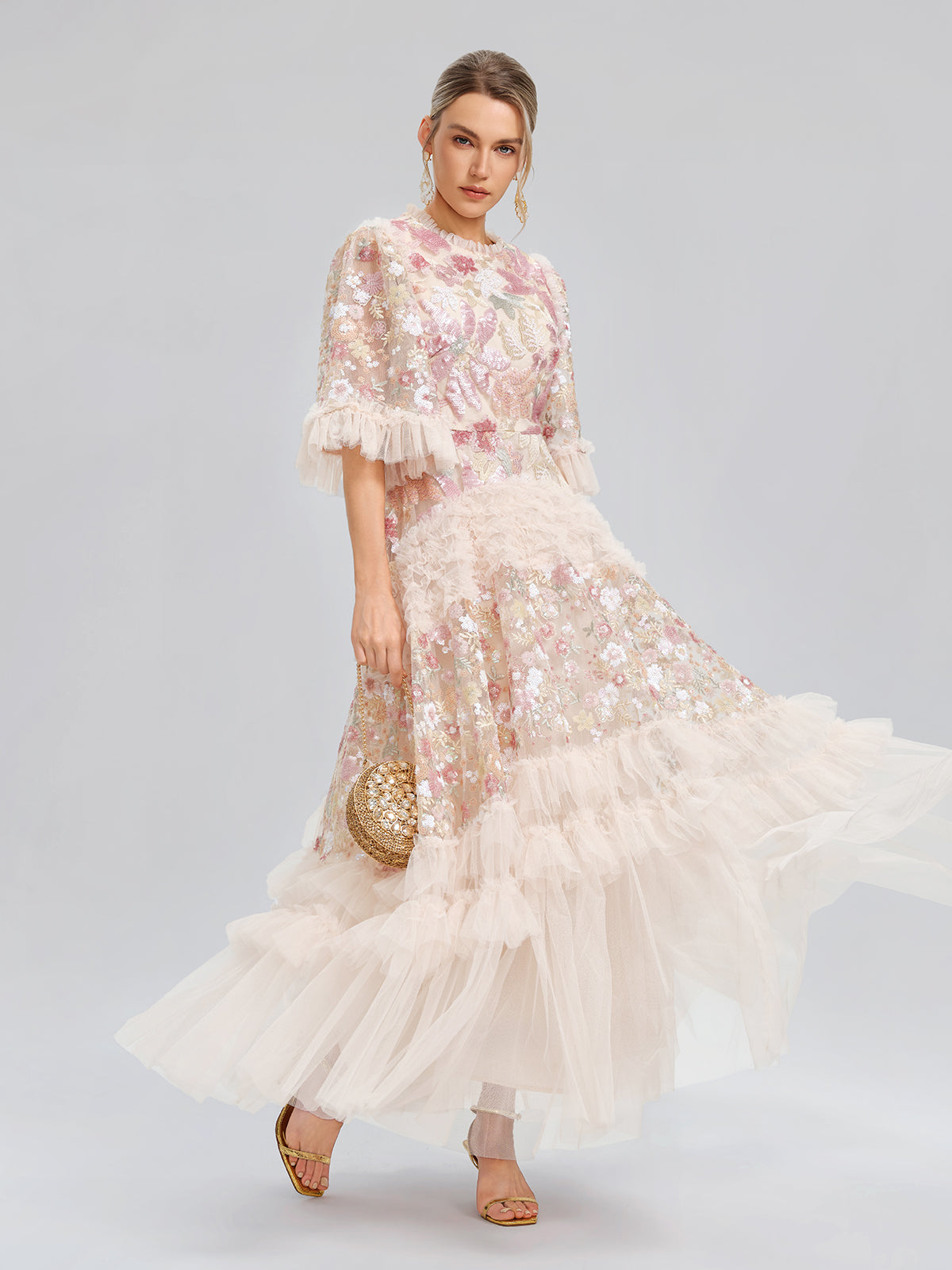 3D Floral Sequin Tulle Ruffle Dress