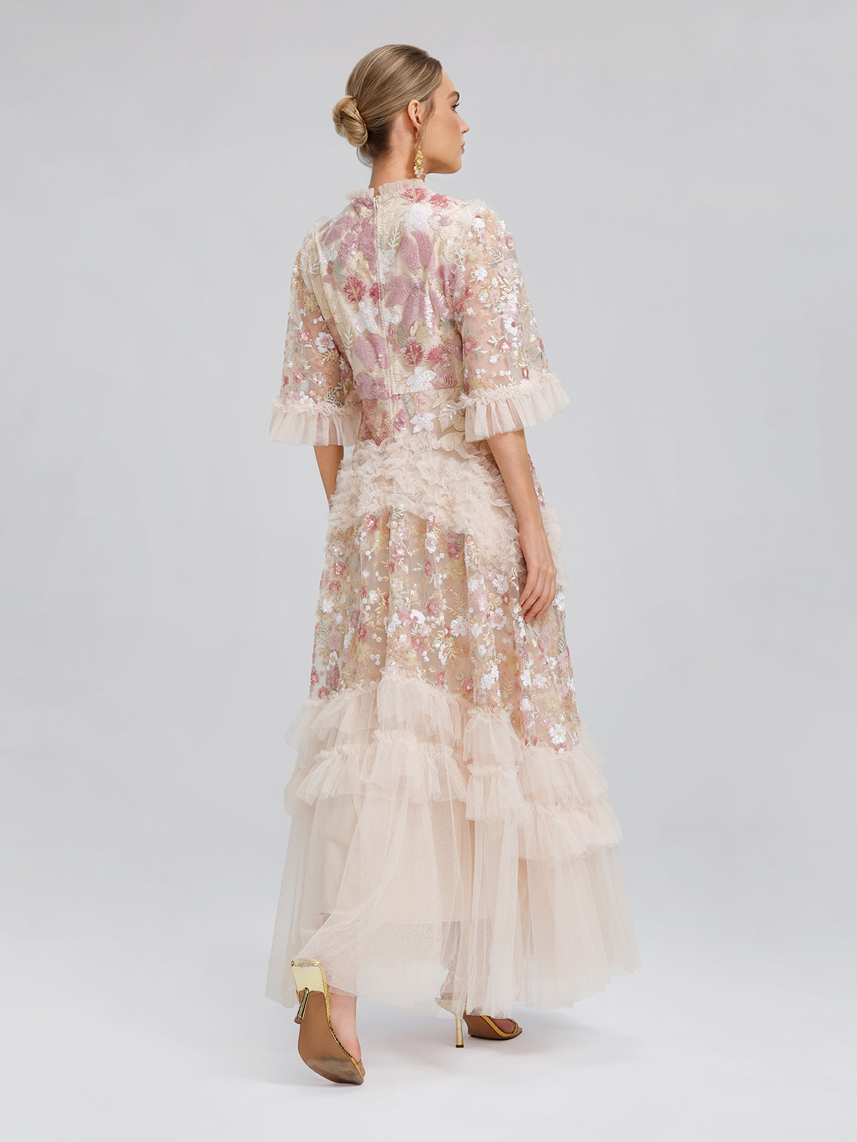 3D Floral Sequin Tulle Ruffle Dress