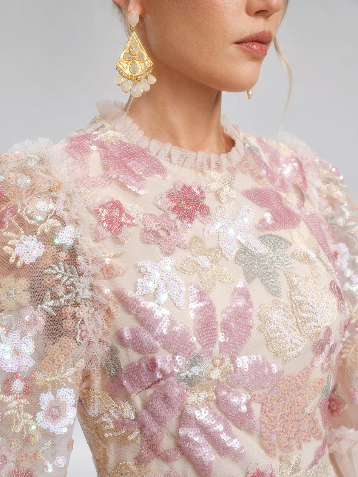 3D Floral Sequin Tulle Ruffle Dress