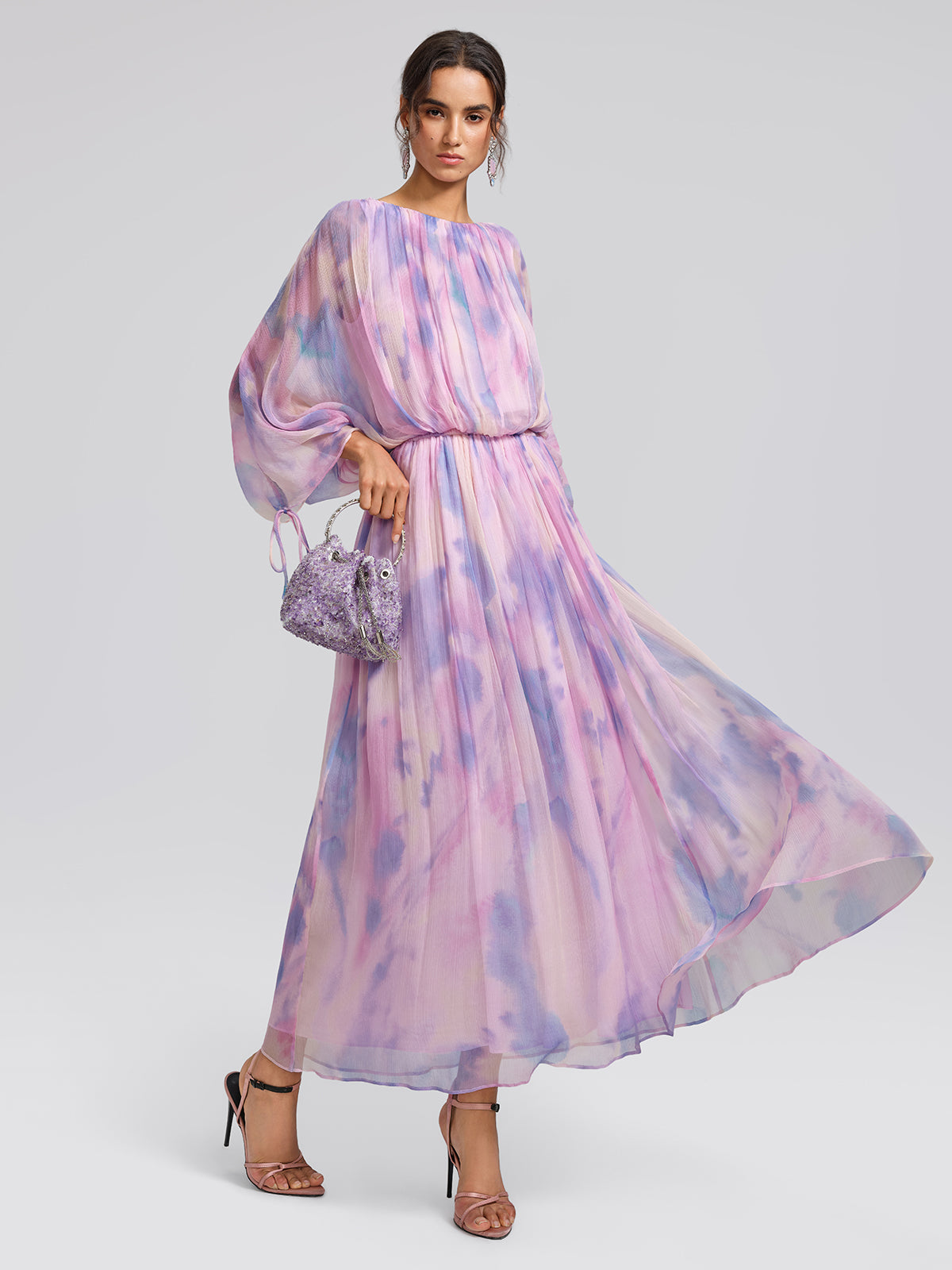 Silk Batwing Sleeve Waist-Defined Top & Skirt Set