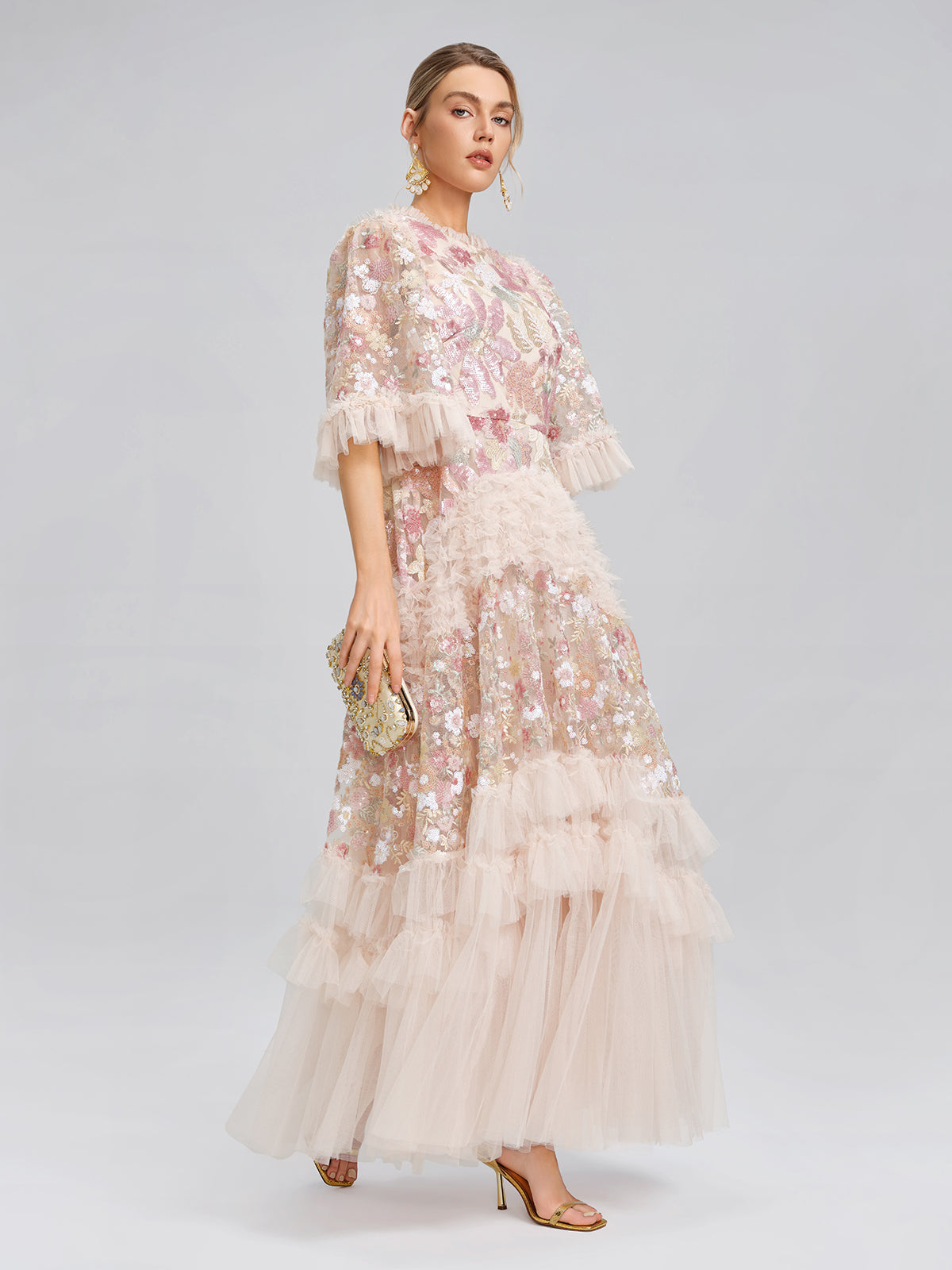 3D Floral Sequin Tulle Ruffle Dress