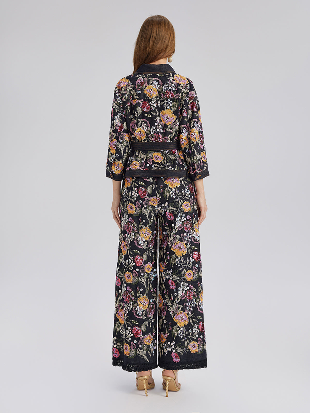 Sequin-Embroidered Denim Raw-Edge Pants