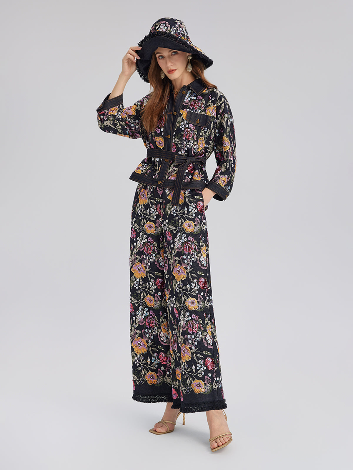 Sequin-Embroidered Denim Raw-Edge Pants