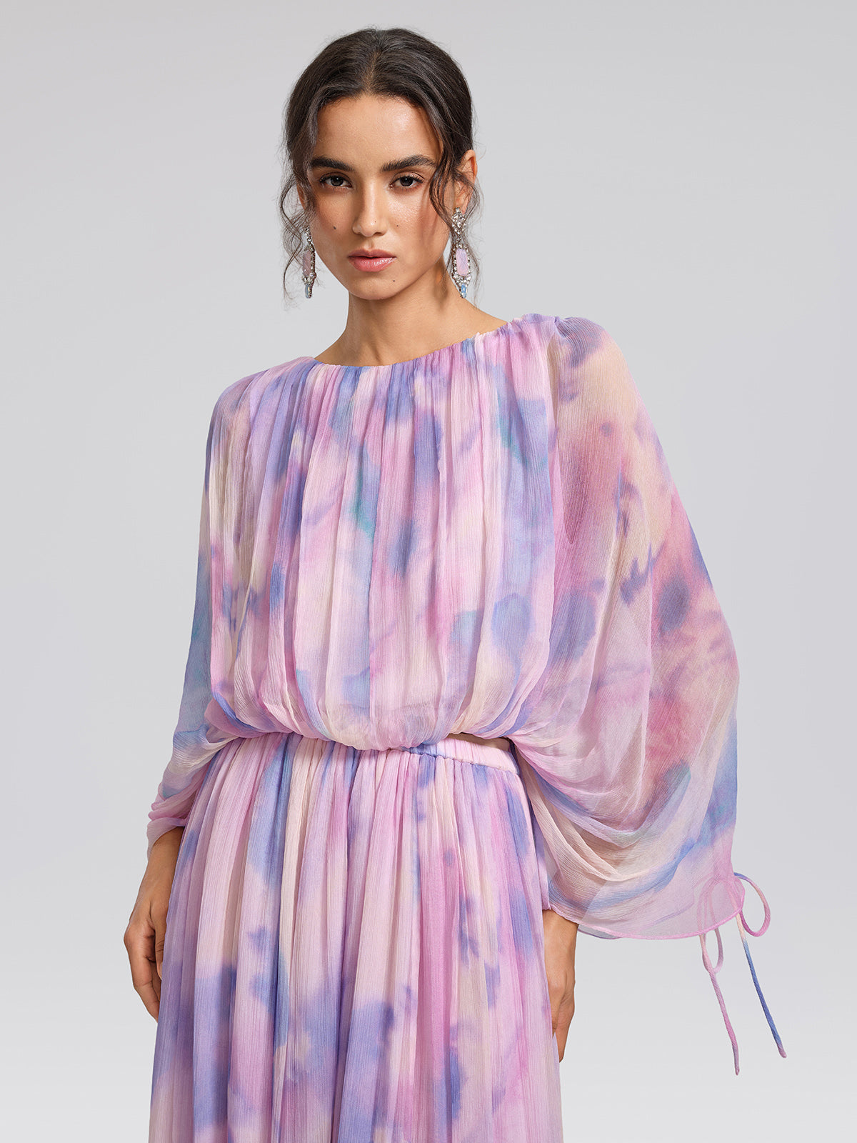 Silk Batwing Sleeve Waist-Defined Top & Skirt Set